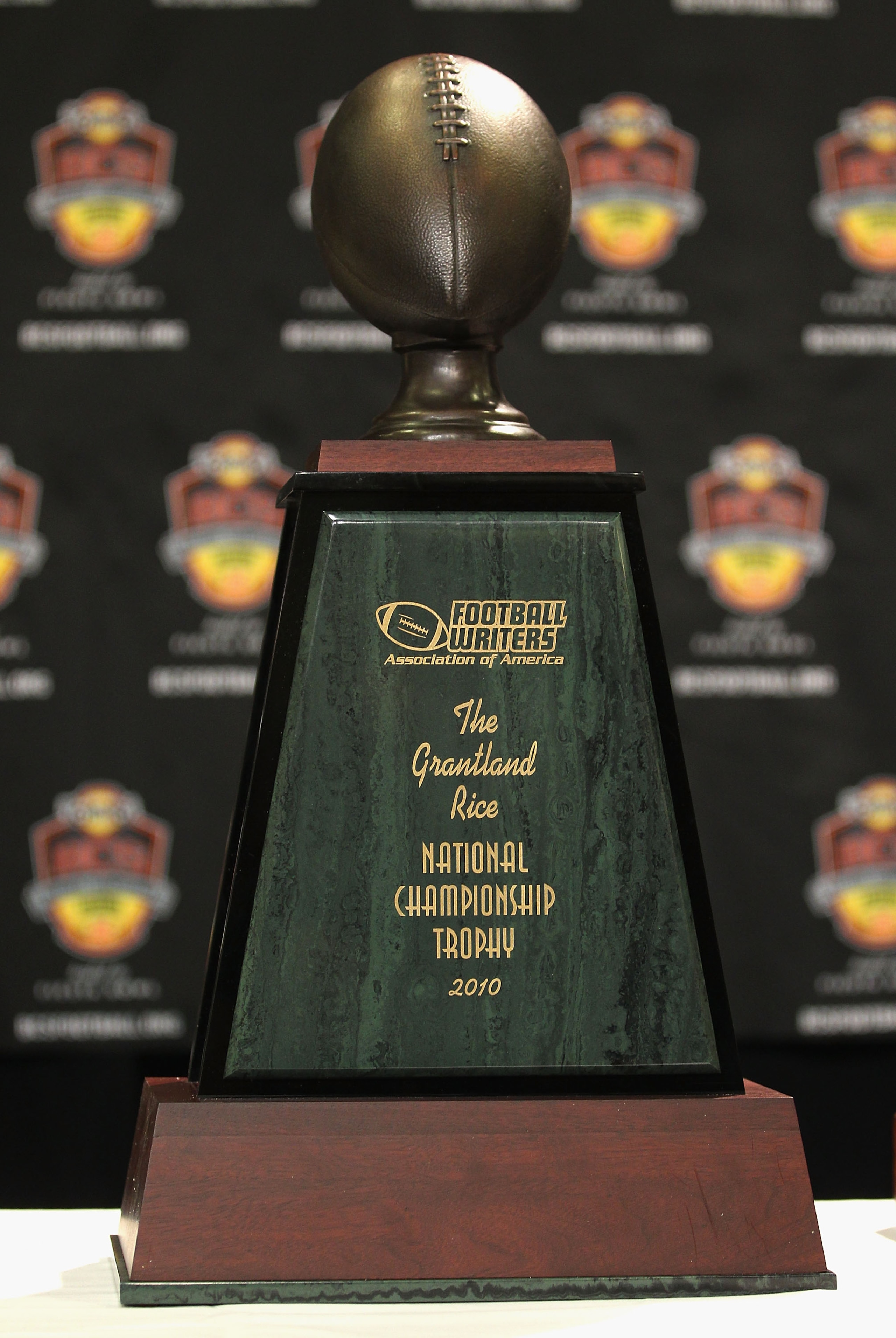 SCOTTSDALE, AZ - JANUARY 11:  Detail of the  Football Writers of America trophy before being presented to head coach Gene Chizik (not pictured) of the Auburn Tigers during a press conference for the Tostitos BCS National Championship Game at the JW Marrio