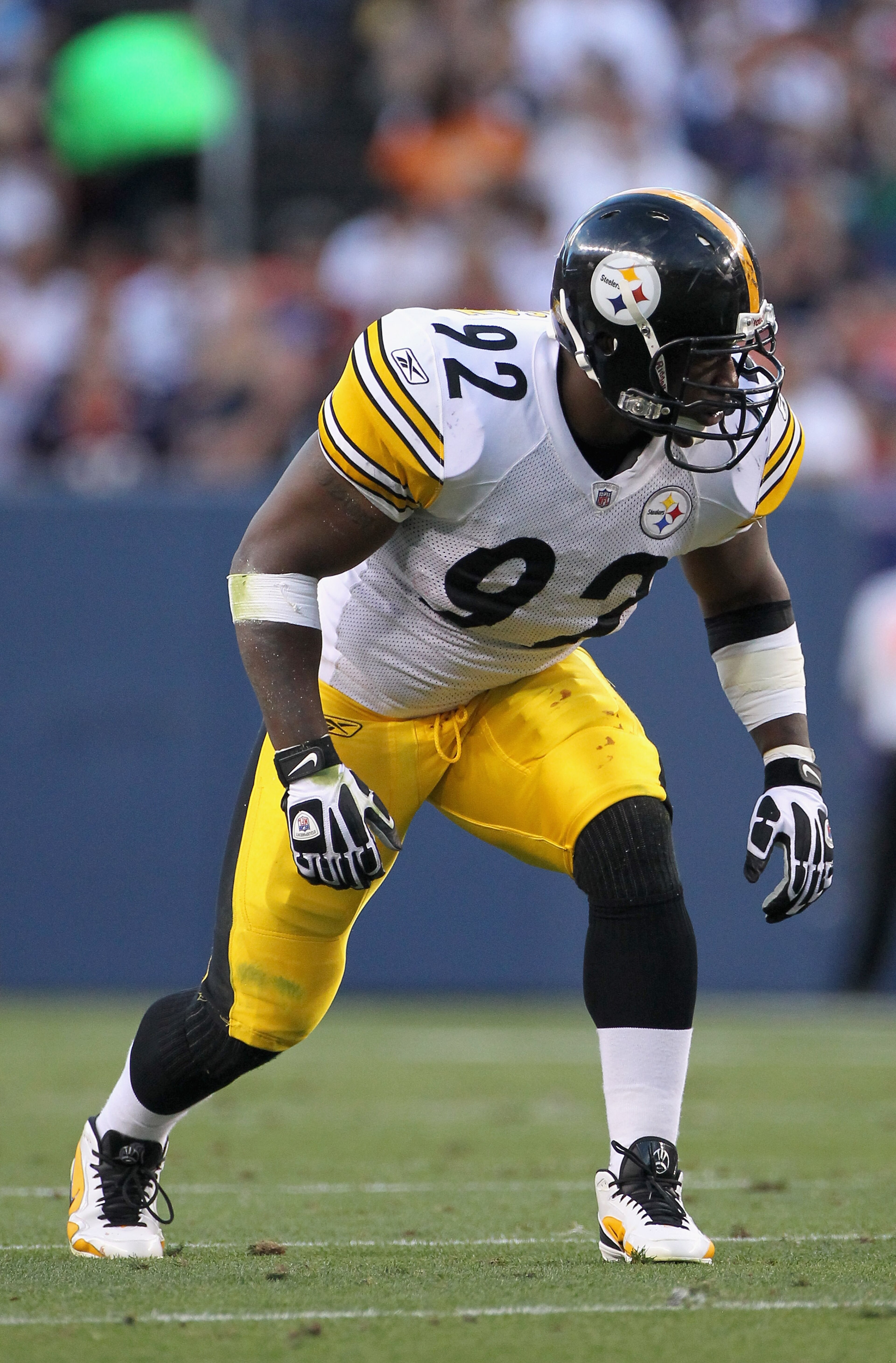 DENVER - AUGUST 29:  Linebacker James Harrison #92 of the Pittsburgh Steelers defends against the Denver Broncos during preseason NFL action at INVESCO Field at Mile High on August 29, 2010 in Denver, Colorado. The Broncos defeated the Steelers 34-17.  (P