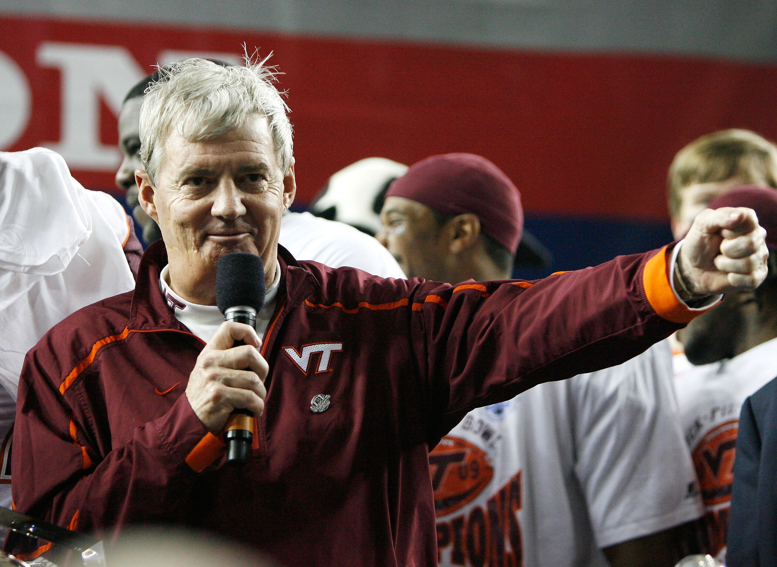 ATLANTA - DECEMBER 31: Head coach Frank Beamer of the Virginia Tech Hokies addresses the crowd after the Chick-Fil-A Bowl against the Tennessee Volunteers at the Georgia Dome on December 31, 2009 in Atlanta, Georgia. The Hokies beat the Volunteers 37-14 ATLANTA - DECEMBER 31: Head coach Frank Beamer of the Virginia Tech Hokies addresses the crowd after the Chick-Fil-A Bowl against the Tennessee Volunteers at the Georgia Dome on December 31, 2009 in Atlanta, Georgia. The Hokies beat the Volunteers 37-14