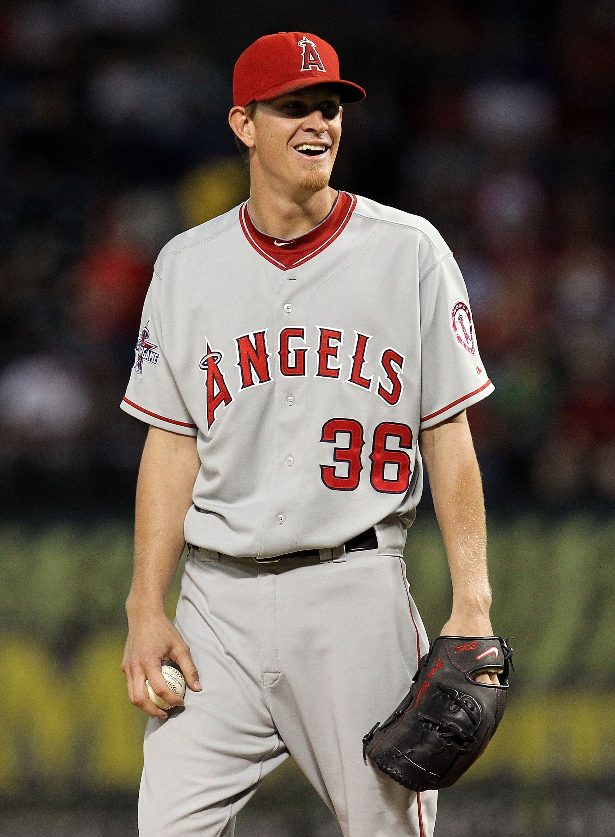 ARLINGTON, TX - OCTOBER 01:  Pitcher Jered Weaver #36 of the Los Angeles Angels of Anaheim reacts after called for a balk against the Texas Rangers at Rangers Ballpark in Arlington on October 1, 2010 in Arlington, Texas.  (Photo by Ronald Martinez/Getty I