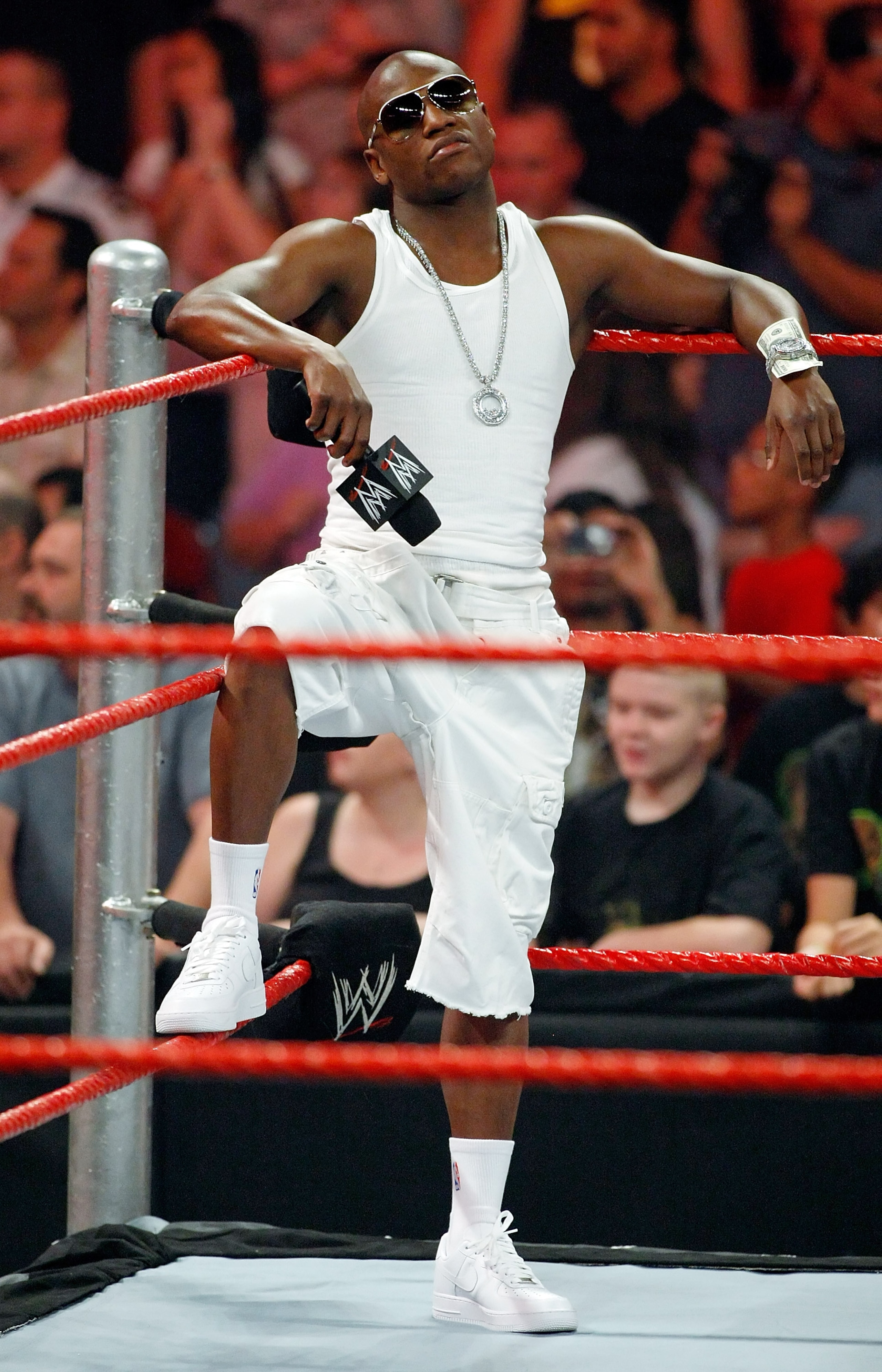 LAS VEGAS - AUGUST 24:  Boxer Floyd Mayweather Jr. appears in the ring during WWE Monday Night Raw show at the Thomas & Mack Center August 24, 2009 in Las Vegas, Nevada. Mayweather was a special guest host during the broadcast.  (Photo by Ethan Miller/Get