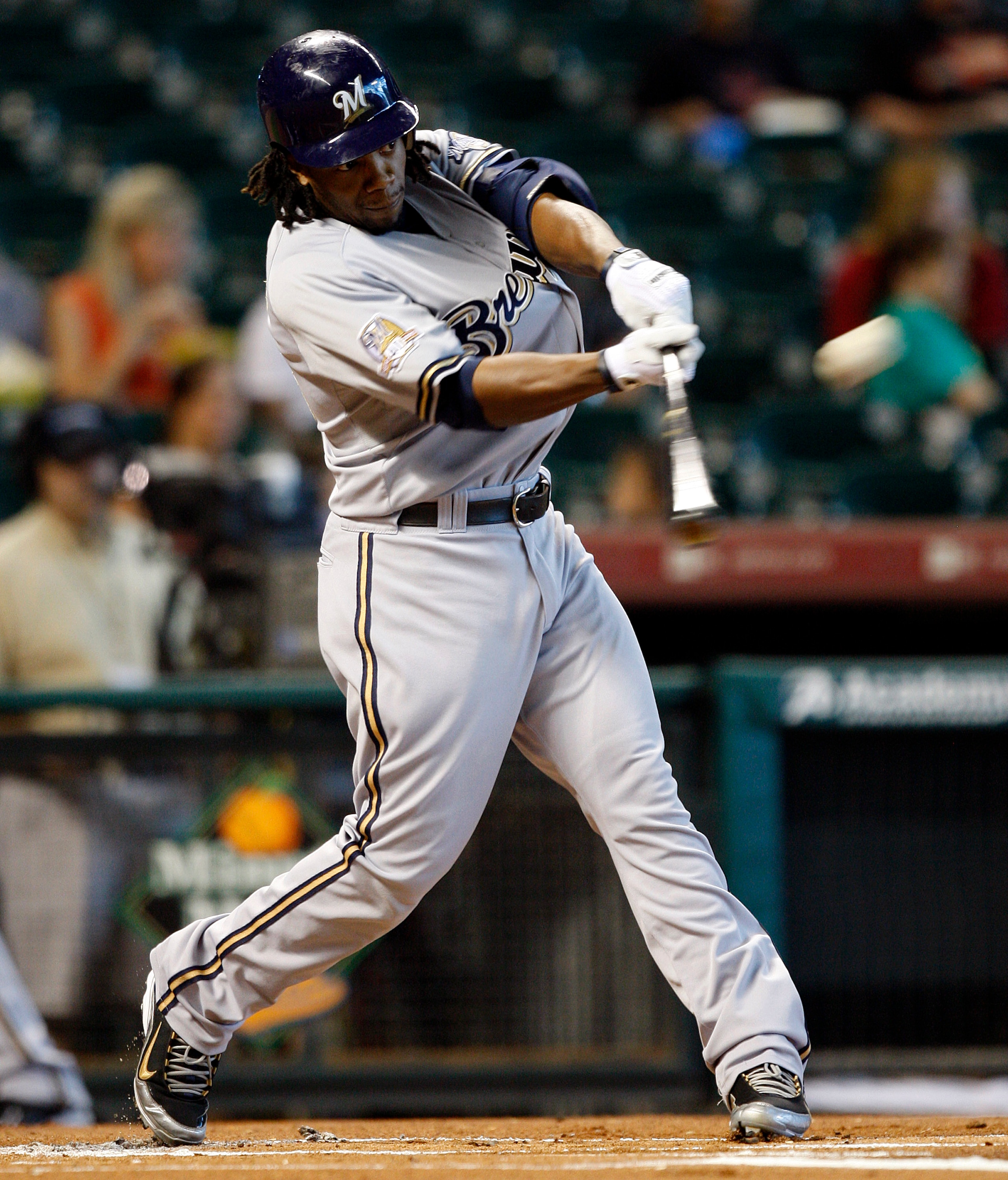 HOUSTON - SEPTEMBER 15:  Rickie Weeks #23 of the Milwaukee Brewers hits a solo home run in the first inning against the Houston Astros in the first inning at Minute Maid Park on September 15, 2010 in Houston, Texas.  (Photo by Bob Levey/Getty Images)