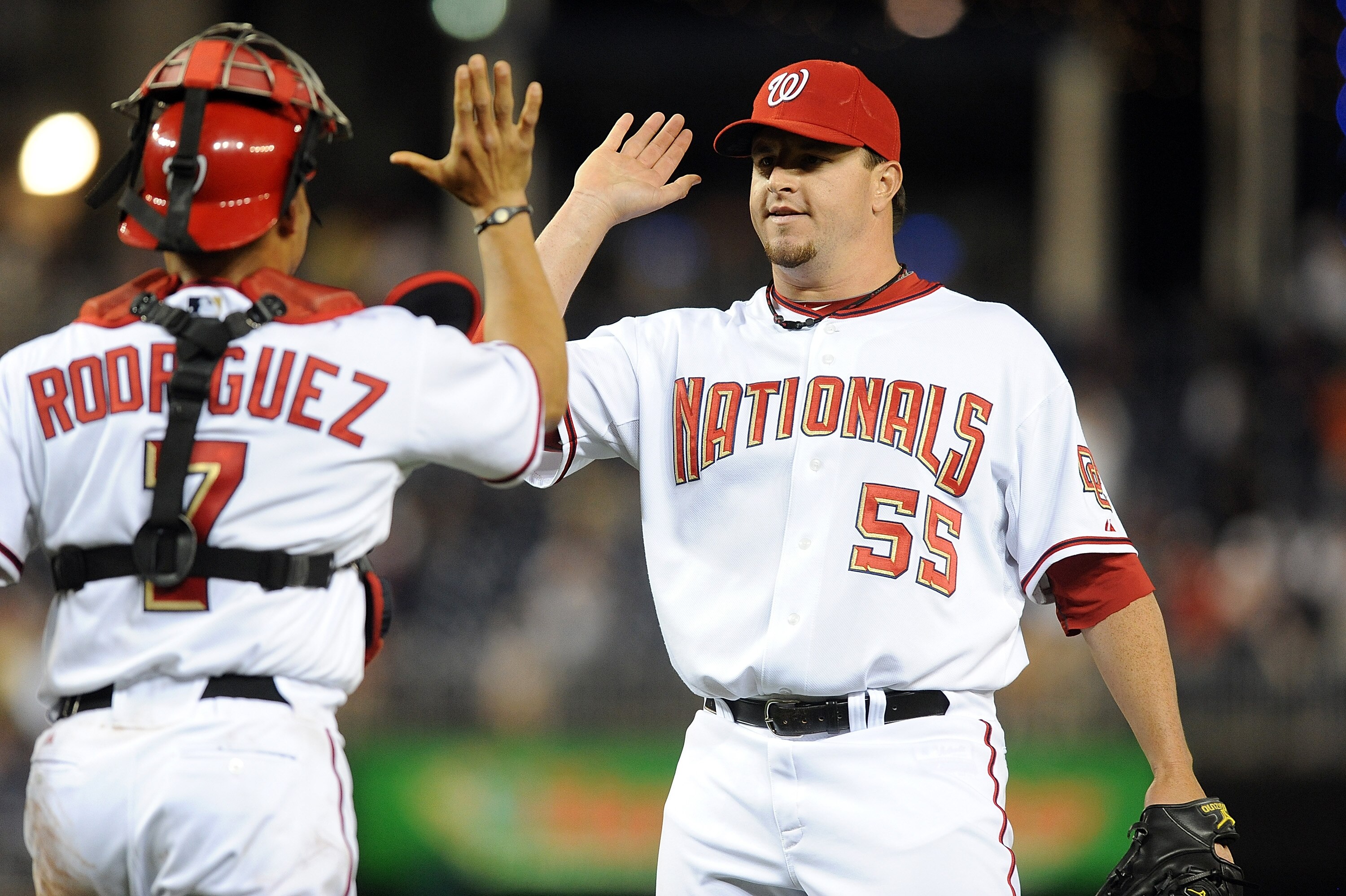 WASHINGTON - MAY 04:  Matt Capps #55 of the Washington Nationals celebrates with teammate Ivan Rodriguez #7 after a 6-3 victory against the Atlanta Braves at Nationals Park on May 4, 2010 in Washington, DC.  (Photo by Greg Fiume/Getty Images)
