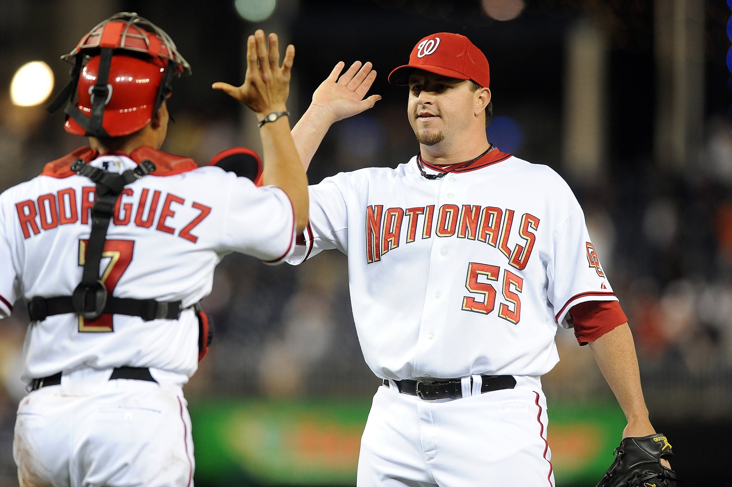 WASHINGTON - MAY 04:  Matt Capps #55 of the Washington Nationals celebrates with teammate Ivan Rodriguez #7 after a 6-3 victory against the Atlanta Braves at Nationals Park on May 4, 2010 in Washington, DC.  (Photo by Greg Fiume/Getty Images)