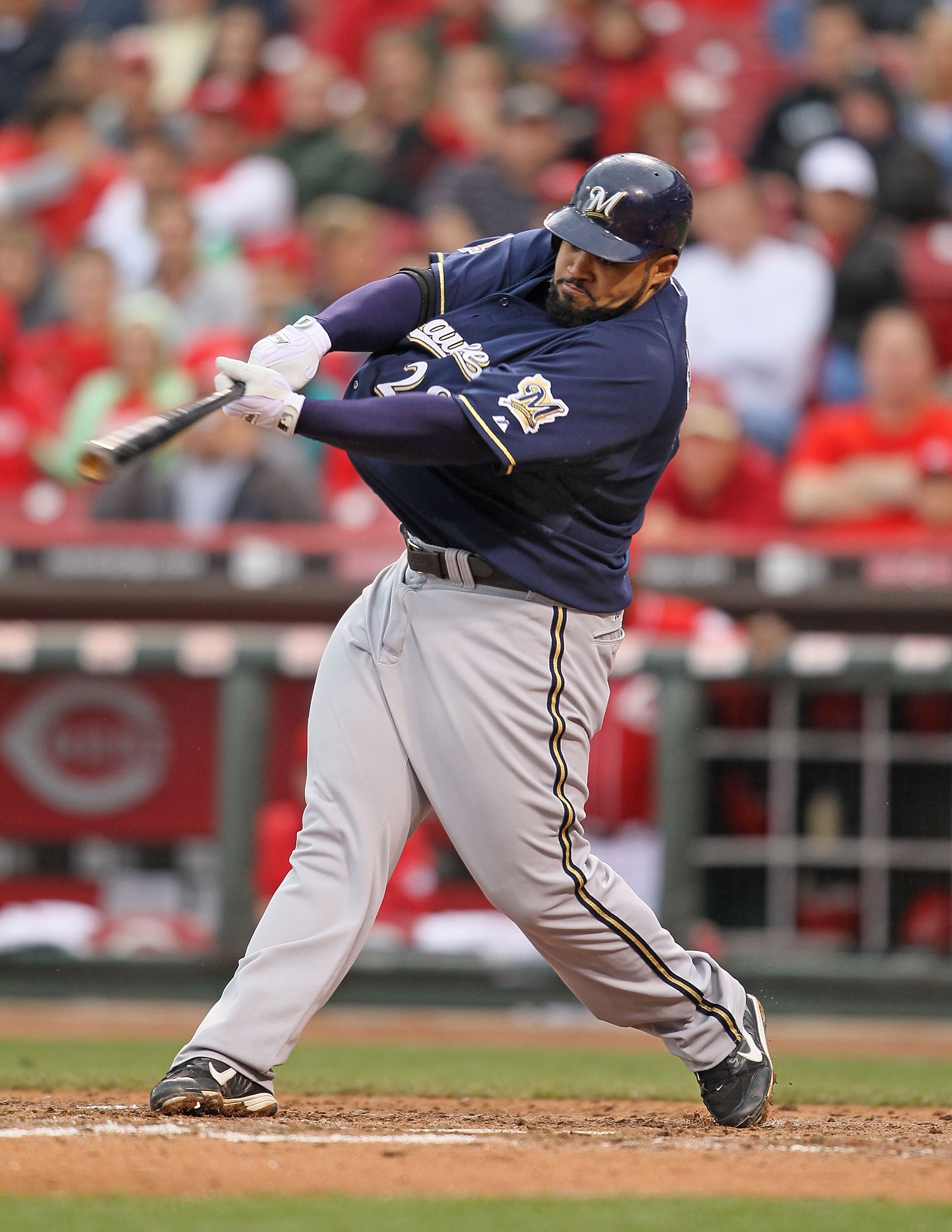 CINCINNATI - MAY 18:  Prince Fielder #28 of the Milwaukee Brewers swings at a pitch during the game against the Cincinnati Reds at Great American Ball Park on May 18, 2010 in Cincinnati, Ohio.  (Photo by Andy Lyons/Getty Images)