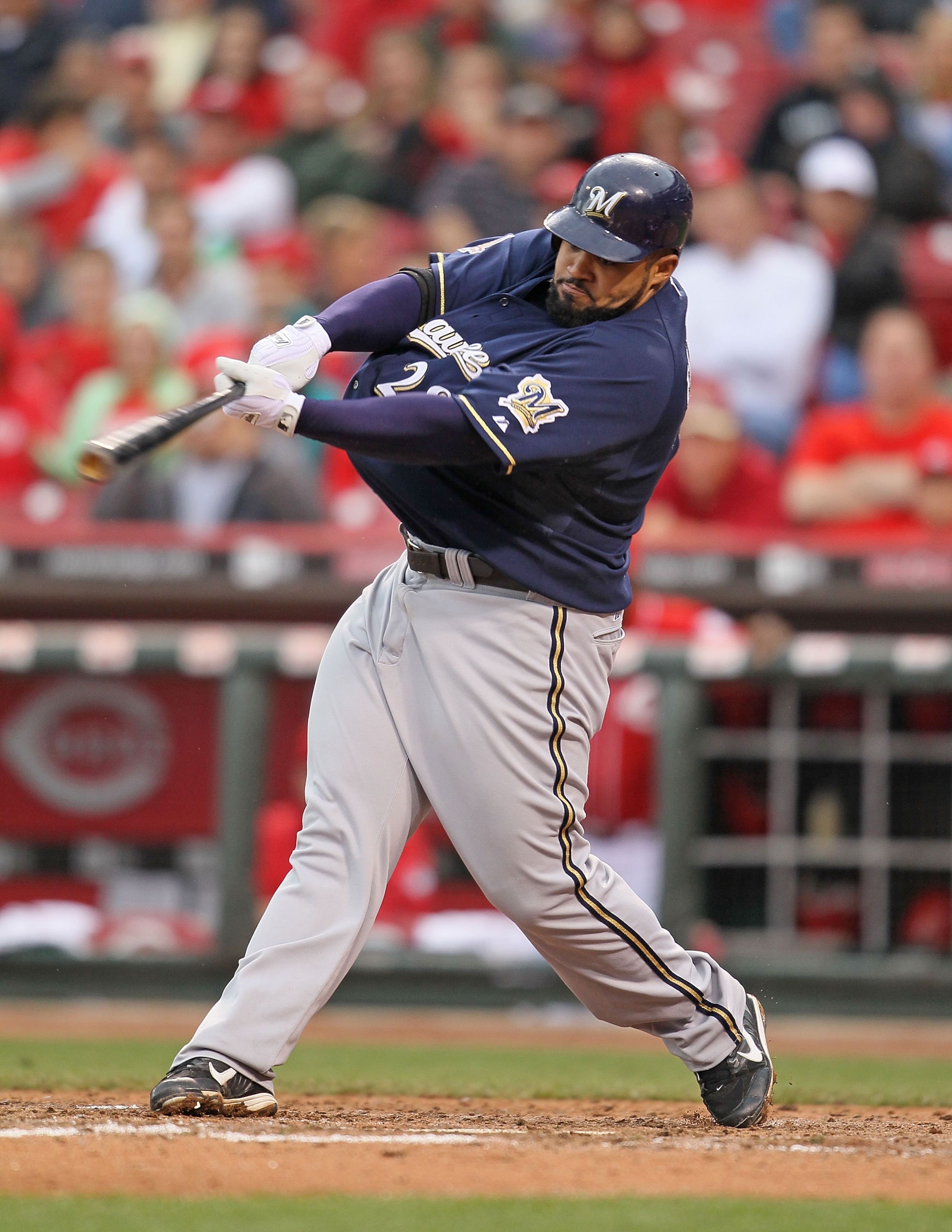 CINCINNATI - MAY 18:  Prince Fielder #28 of the Milwaukee Brewers swings at a pitch during the game against the Cincinnati Reds at Great American Ball Park on May 18, 2010 in Cincinnati, Ohio.  (Photo by Andy Lyons/Getty Images)