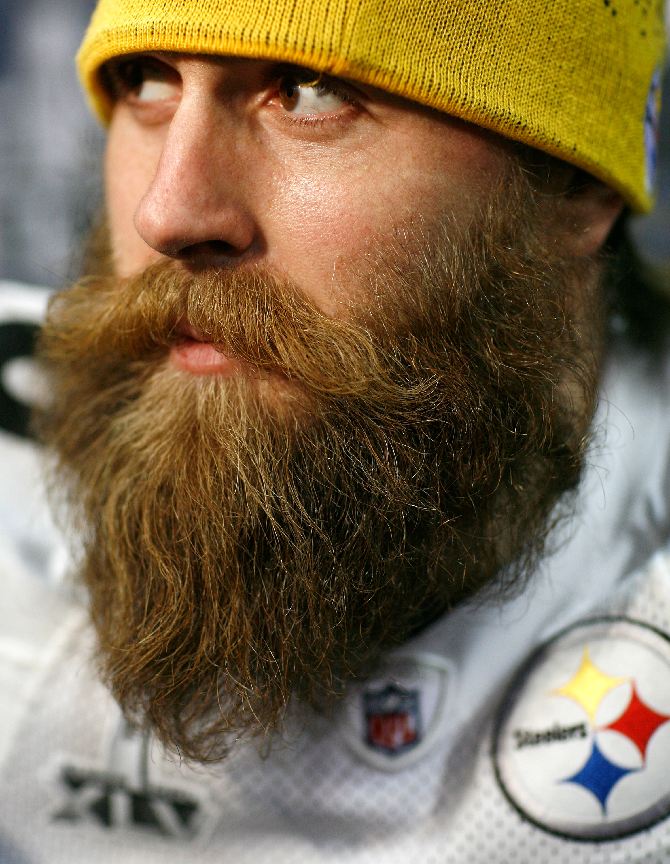 FORT WORTH, TX - FEBRUARY 02:  Defensive end Brett Keisel #99 of the Pittsburgh Steelers talks with the media on February 2, 2011 in Fort Worth, Texas. The Pittsburgh Steelers will play the Green Bay Packers in Super Bowl XLV on February 6, 2011 at Cowboy