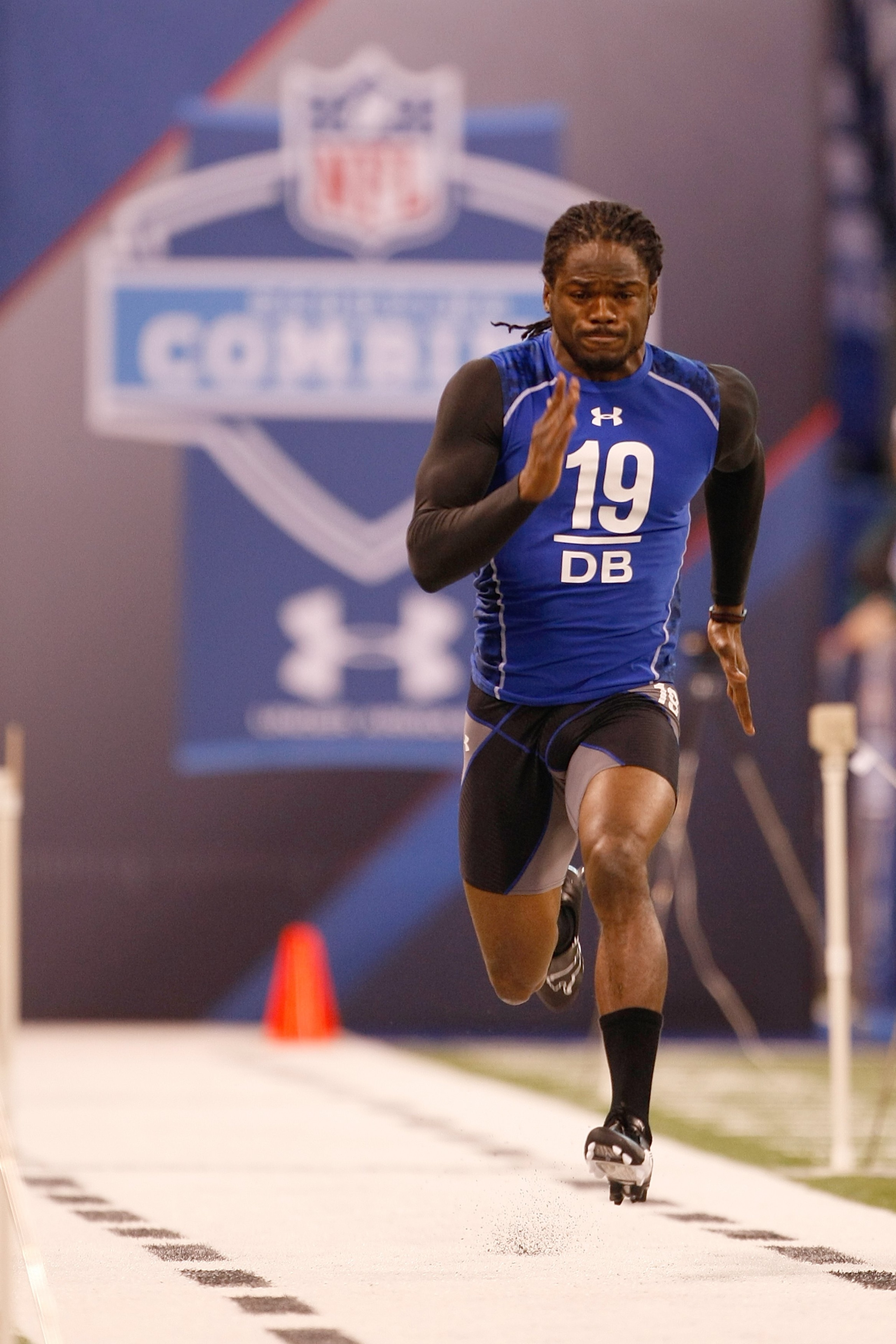 INDIANAPOLIS, IN - MARCH 2: Defensive back Marshay Green of Mississippi runs the 40 yard dash during the NFL Scouting Combine presented by Under Armour at Lucas Oil Stadium on March 2, 2010 in Indianapolis, Indiana. (Photo by Scott Boehm/Getty Images)