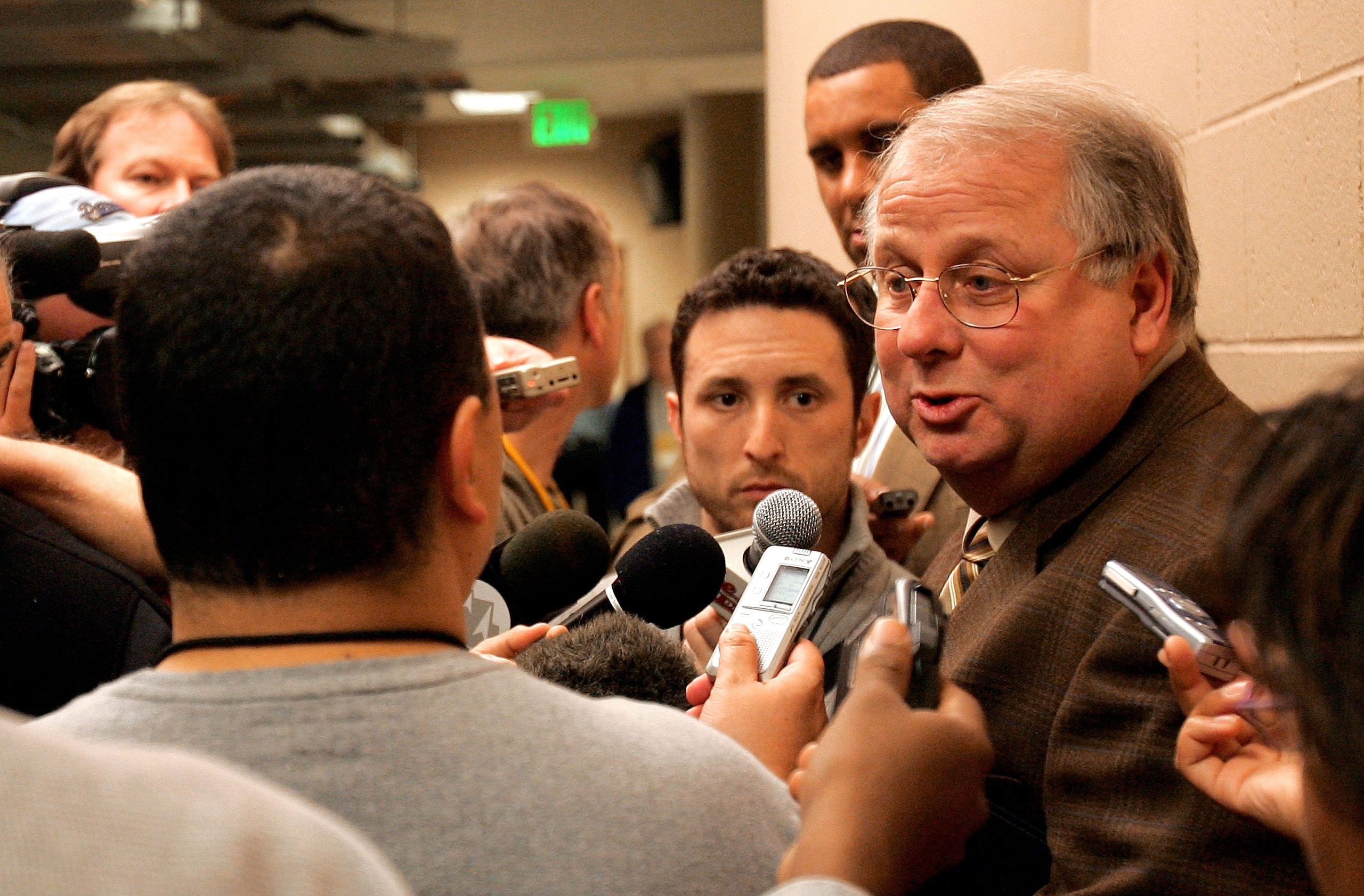 DENVER - DECEMBER 18:  Mark Warkentien, Vice President of Basketball Operations for the Denver Nuggets talks to the media about the NBA imposed suspensions on his team before they hosted the Washington Wizards on December 18, 2006 at the Pepsi Center in D