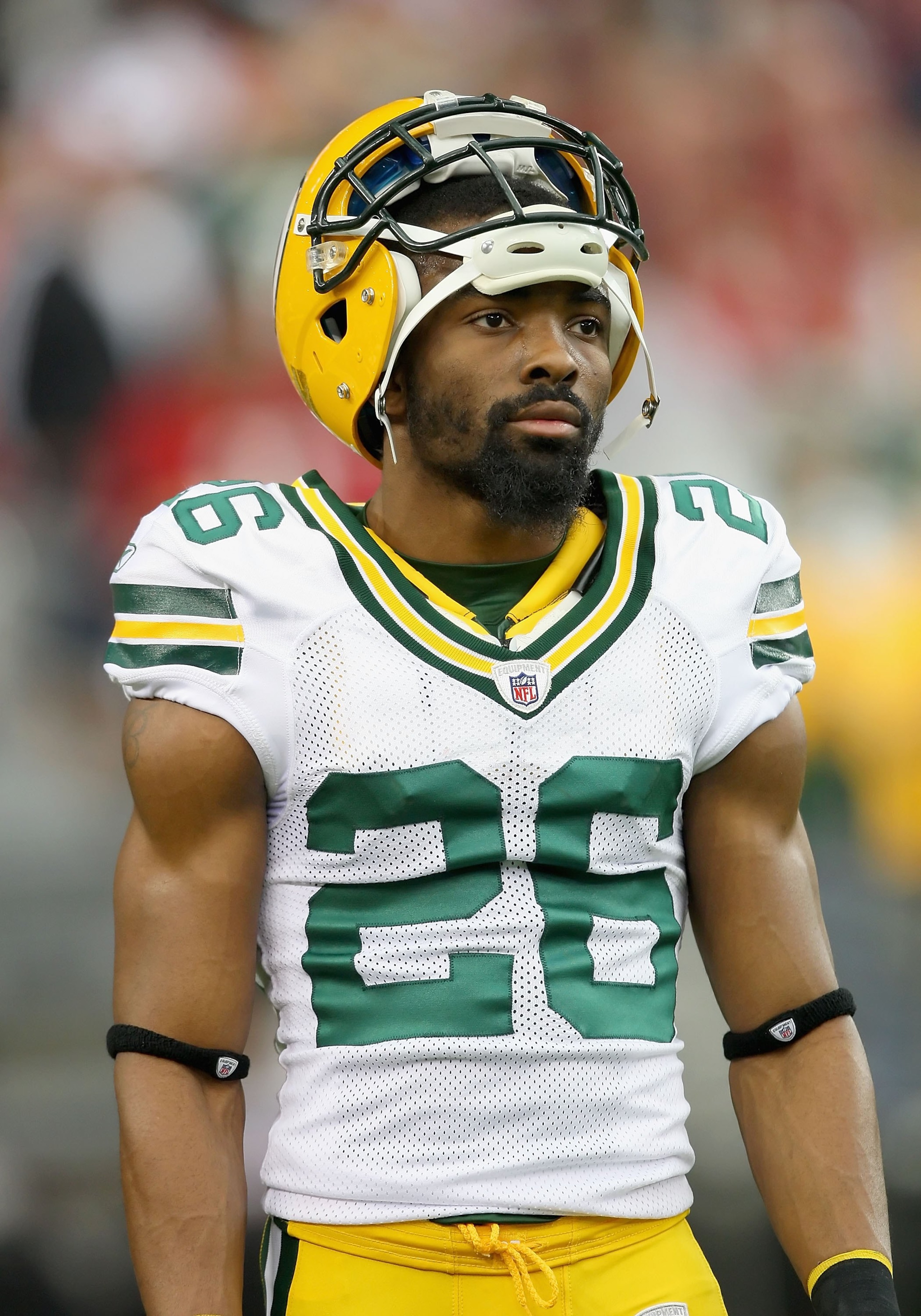 GLENDALE, AZ - JANUARY 10:  Cornerback Josh Bell #26 of the Green Bay Packers warms up before the 2010 NFC wild-card playoff game against the Arizona Cardinals at the Universtity of Phoenix Stadium on January 10, 2010 in Glendale, Arizona.  The Cardinals