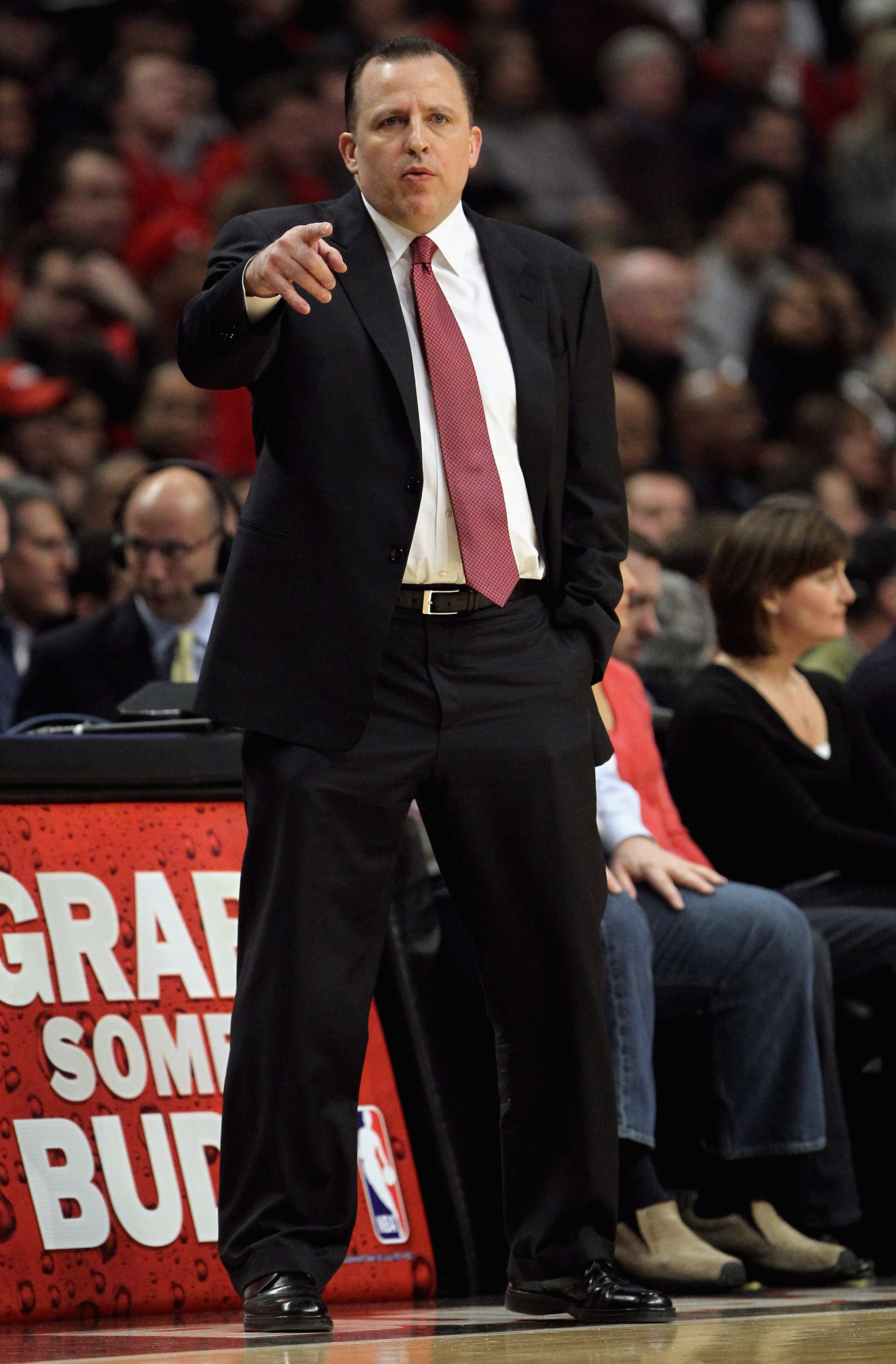 CHICAGO, IL - JANUARY 15:  Head coach Tom Thibodeau of the Chicago Bulls leads his team against the Miami Heat at the United Center on January 15, 2011 in Chicago, Illinois. NOTE TO USER: User expressly acknowledges and agrees that, by downloading and or