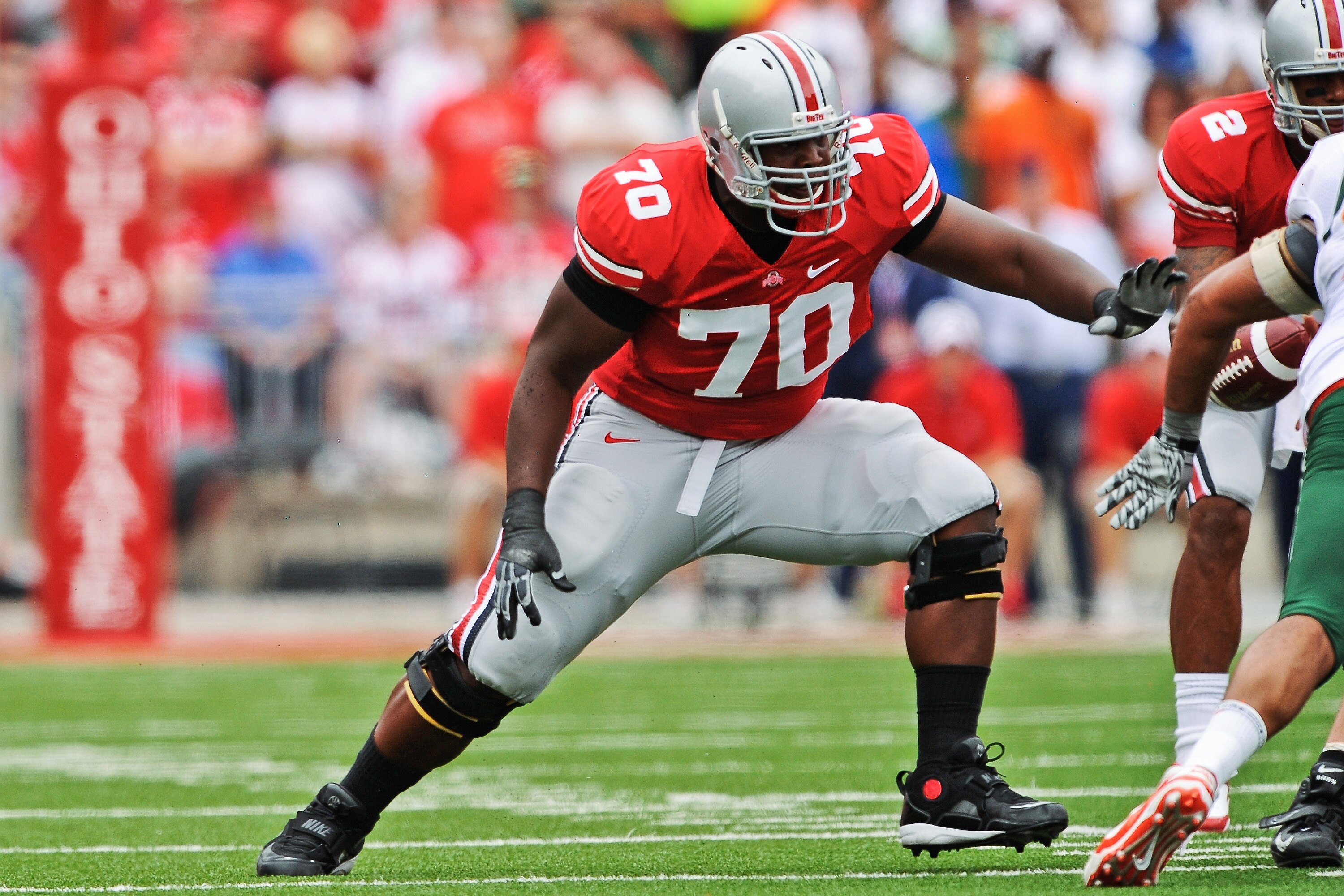 COLUMBUS, OH - SEPTEMBER 11:  Bryant Browning #70 of the Ohio State Buckeyes blocks against the Miami Hurricanes at Ohio Stadium on September 11, 2010 in Columbus, Ohio.  (Photo by Jamie Sabau/Getty Images)