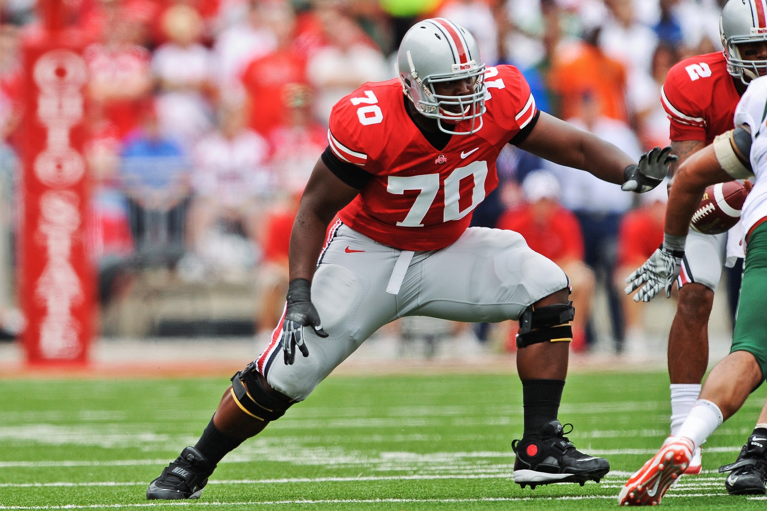 COLUMBUS, OH - SEPTEMBER 11:  Bryant Browning #70 of the Ohio State Buckeyes blocks against the Miami Hurricanes at Ohio Stadium on September 11, 2010 in Columbus, Ohio.  (Photo by Jamie Sabau/Getty Images)