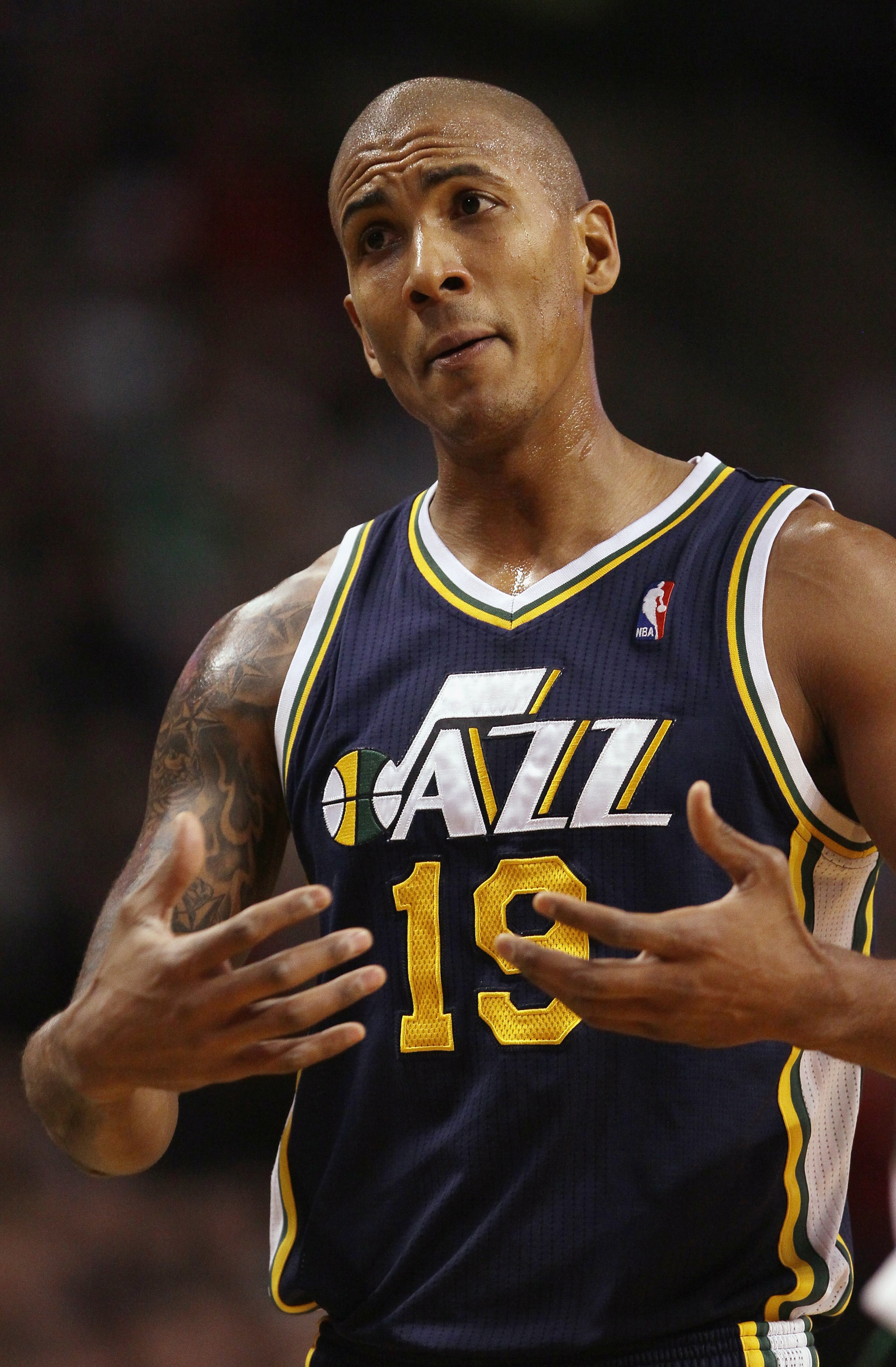 BOSTON, MA - JANUARY 21: Raja Bell #19 of the Utah Jazz reacts after he is called for a foul in the first quarter against the Boston Celtics on January 21, 2011 at the TD Garden in Boston, Massachusetts. NOTE TO USER: User expressly acknowledges and agr BOSTON, MA - JANUARY 21: Raja Bell #19 of the Utah Jazz reacts after he is called for a foul in the first quarter against the Boston Celtics on January 21, 2011 at the TD Garden in Boston, Massachusetts. NOTE TO USER: User expressly acknowledges and agr