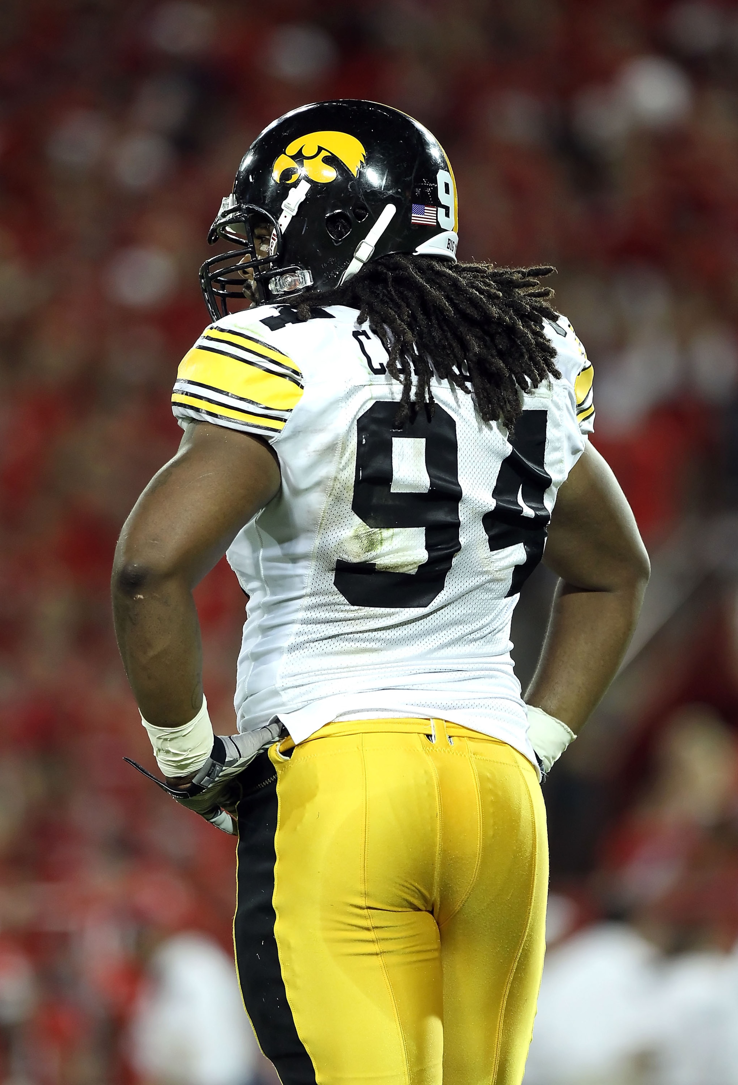 TUCSON, AZ - SEPTEMBER 18:  Defensive end Adrian Clayborn #94 of the Iowa Hawkeyes in action during the college football game against the Arizona Wildcats at Arizona Stadium on September 18, 2010 in Tucson, Arizona. The Wildcats defeated the Hawkeyes 34-2