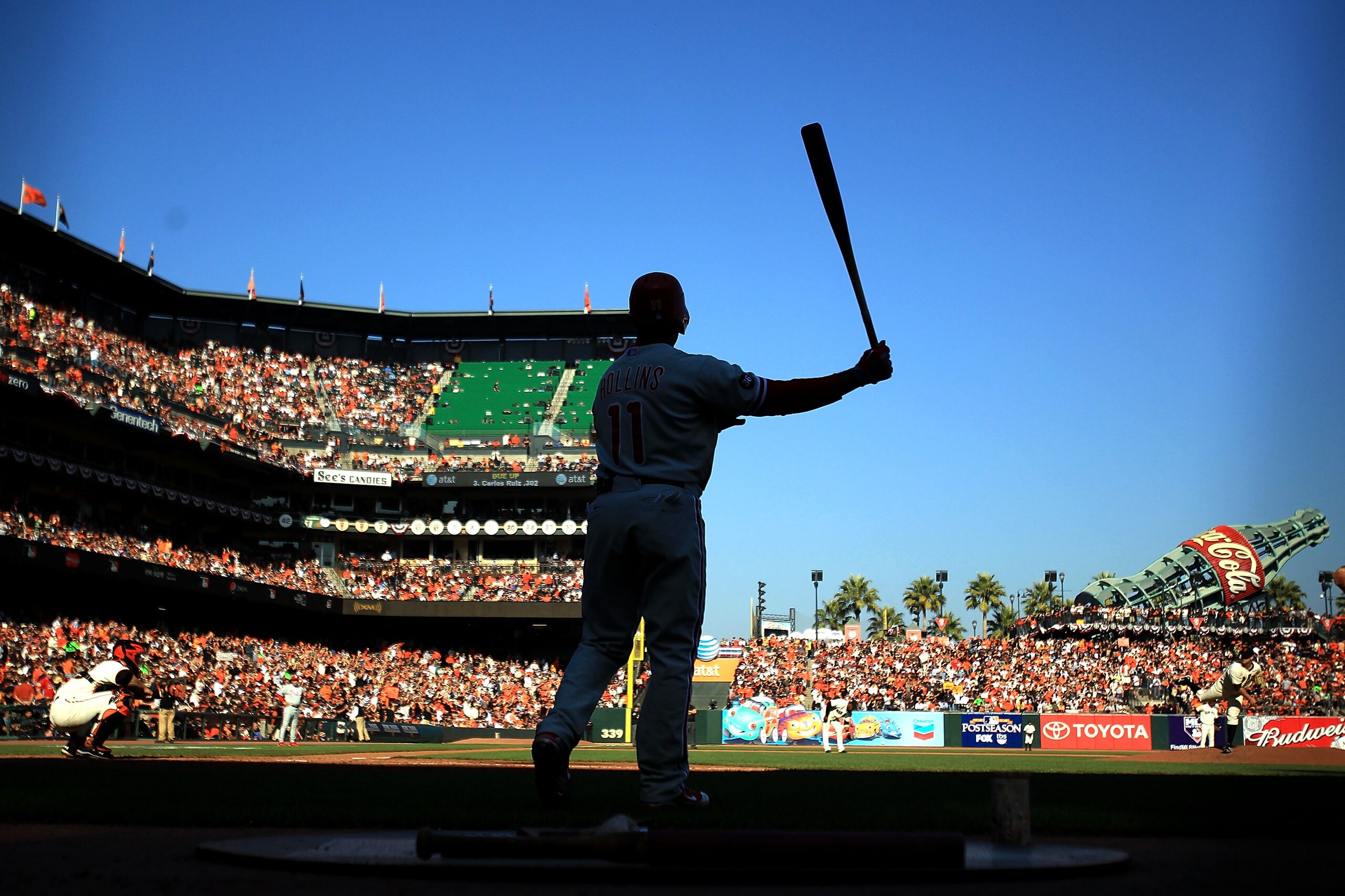SAN FRANCISCO - OCTOBER 19:  Jimmy Rollins #11 of the Philadelphia Phillies stands in the on-deck circle prior to his at-bat against the San Francisco Giants in Game Three of the NLCS during the 2010 MLB Playoffs at AT&T Park on October 19, 2010 in San Fr
