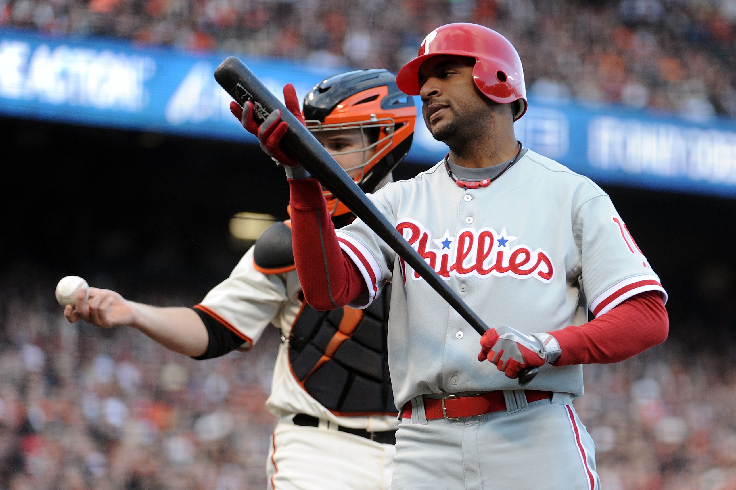 SAN FRANCISCO - OCTOBER 20:  Ben Francisco #10 of the Philadelphia Phillies reacts after striking out in the second inning of Game Four of the NLCS against the San Francisco Giants during the 2010 MLB Playoffs at AT&T Park on October 20, 2010 in San Franc