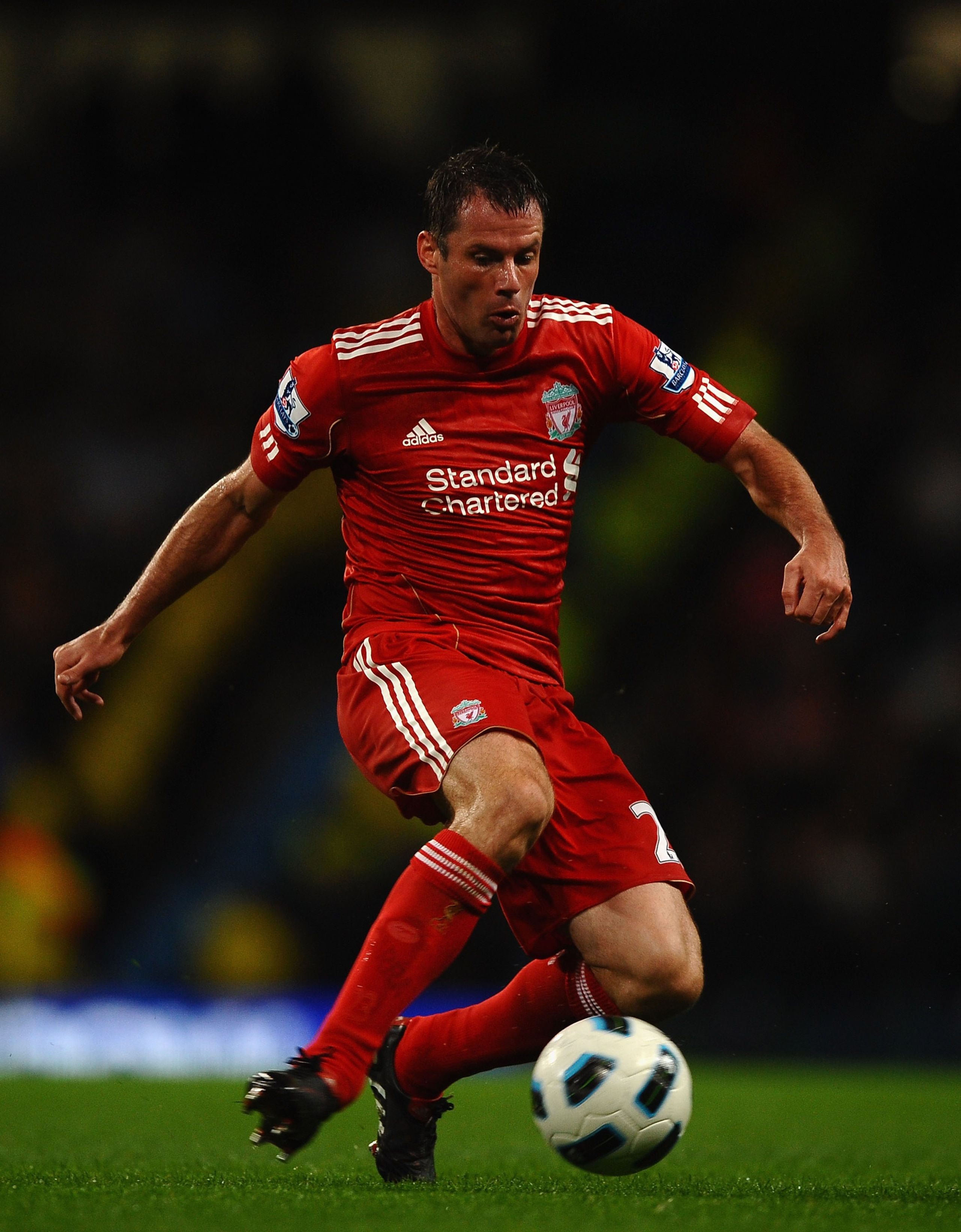 MANCHESTER, ENGLAND - AUGUST 23: Jamie Carragher of Liverpool in action during the Barclays Premier League match between Manchester City and Liverpool at City of Manchester Stadium on August 23, 2010 in Manchester, England.  (Photo by Laurence Griffiths/G