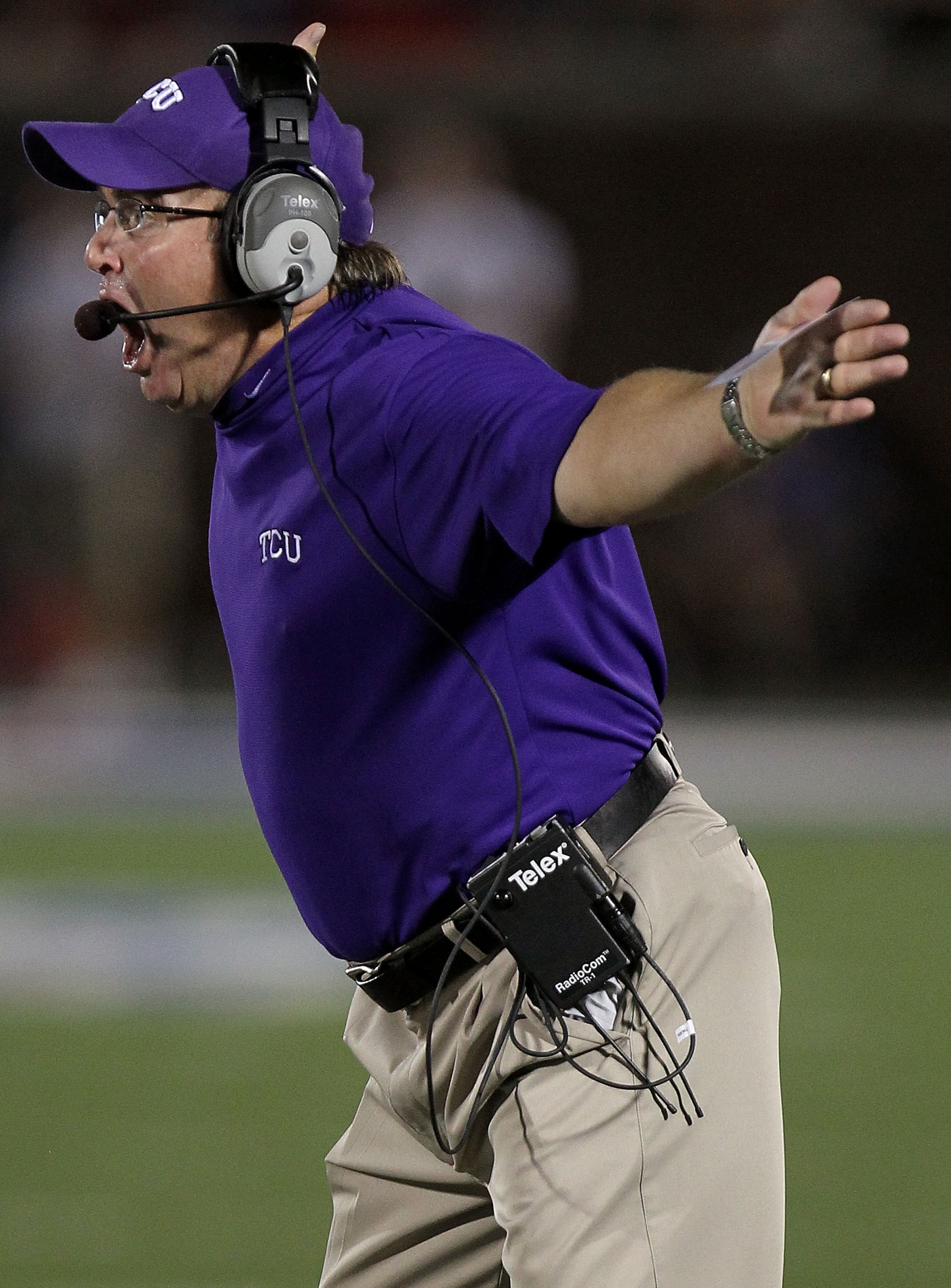 DALLAS - SEPTEMBER 24:  Head coach Gary Patterson of the TCU Horned Frogs yells in the second quarter against the SMU Mustangs at Gerald J. Ford Stadium on September 24, 2010 in Dallas, Texas.  (Photo by Ronald Martinez/Getty Images)