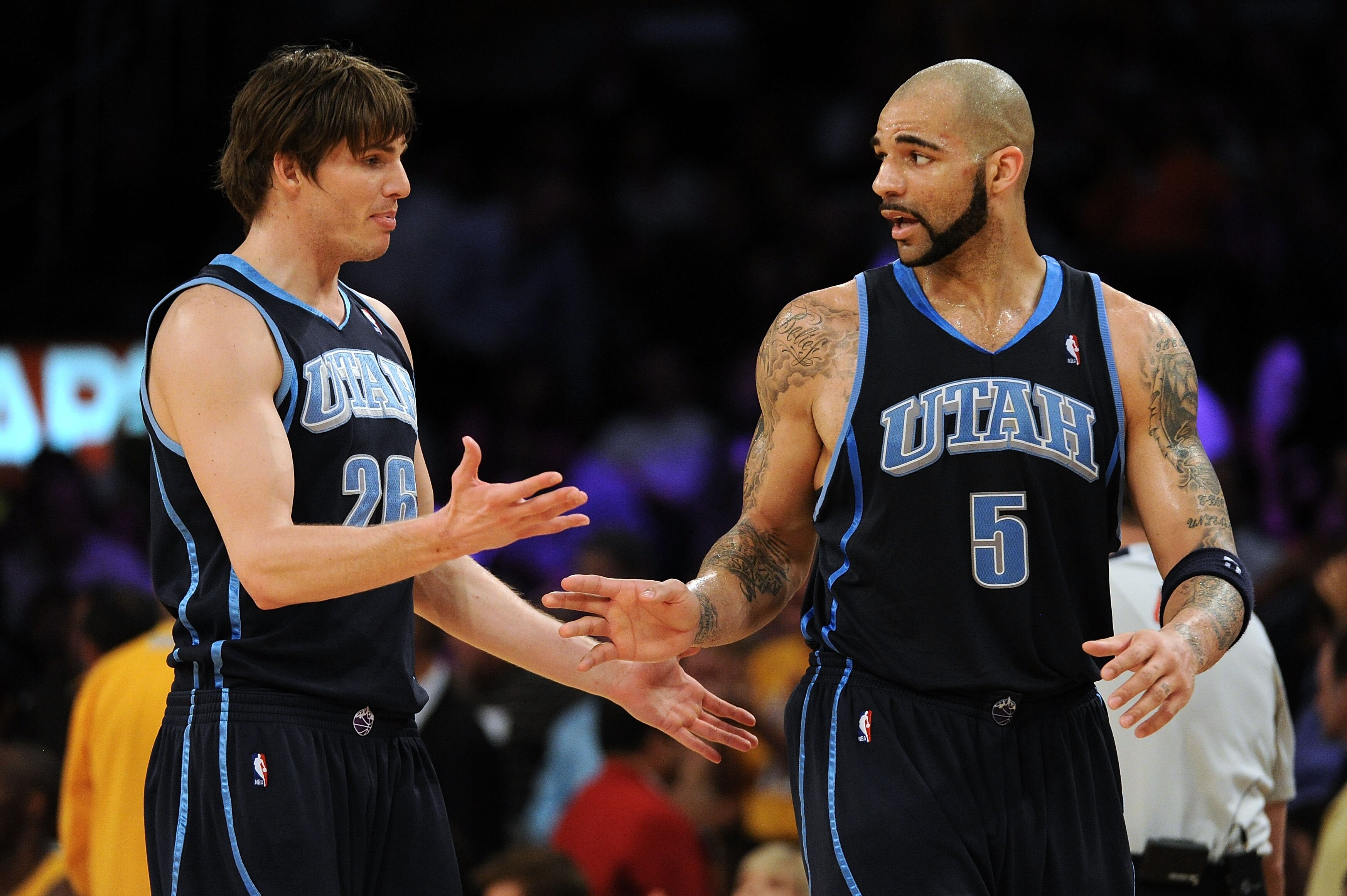 LOS ANGELES, CA - MAY 04:  Kyle Korver #26 and Carlos Boozer #4 of the Utah Jazz talk in the second quarter while taking on the Los Angeles Lakers during Game Two of the Western Conference Semifinals of the 2010 NBA Playoffs at Staples Center on May 4, 20
