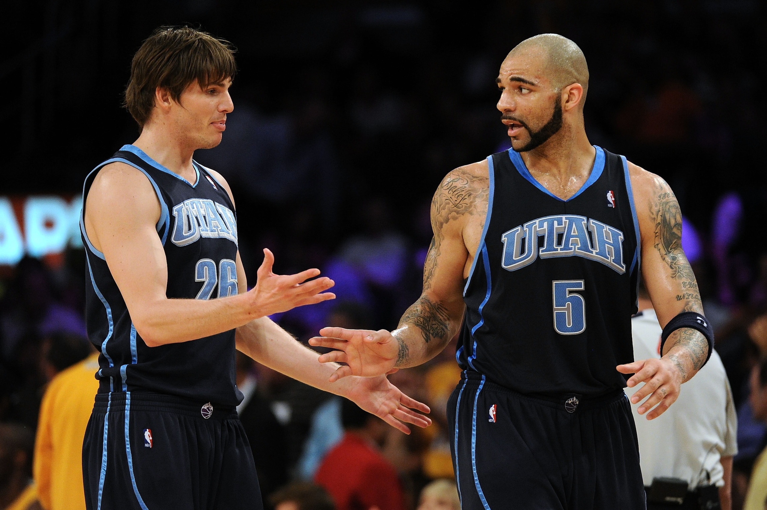 LOS ANGELES, CA - MAY 04:  Kyle Korver #26 and Carlos Boozer #4 of the Utah Jazz talk in the second quarter while taking on the Los Angeles Lakers during Game Two of the Western Conference Semifinals of the 2010 NBA Playoffs at Staples Center on May 4, 20