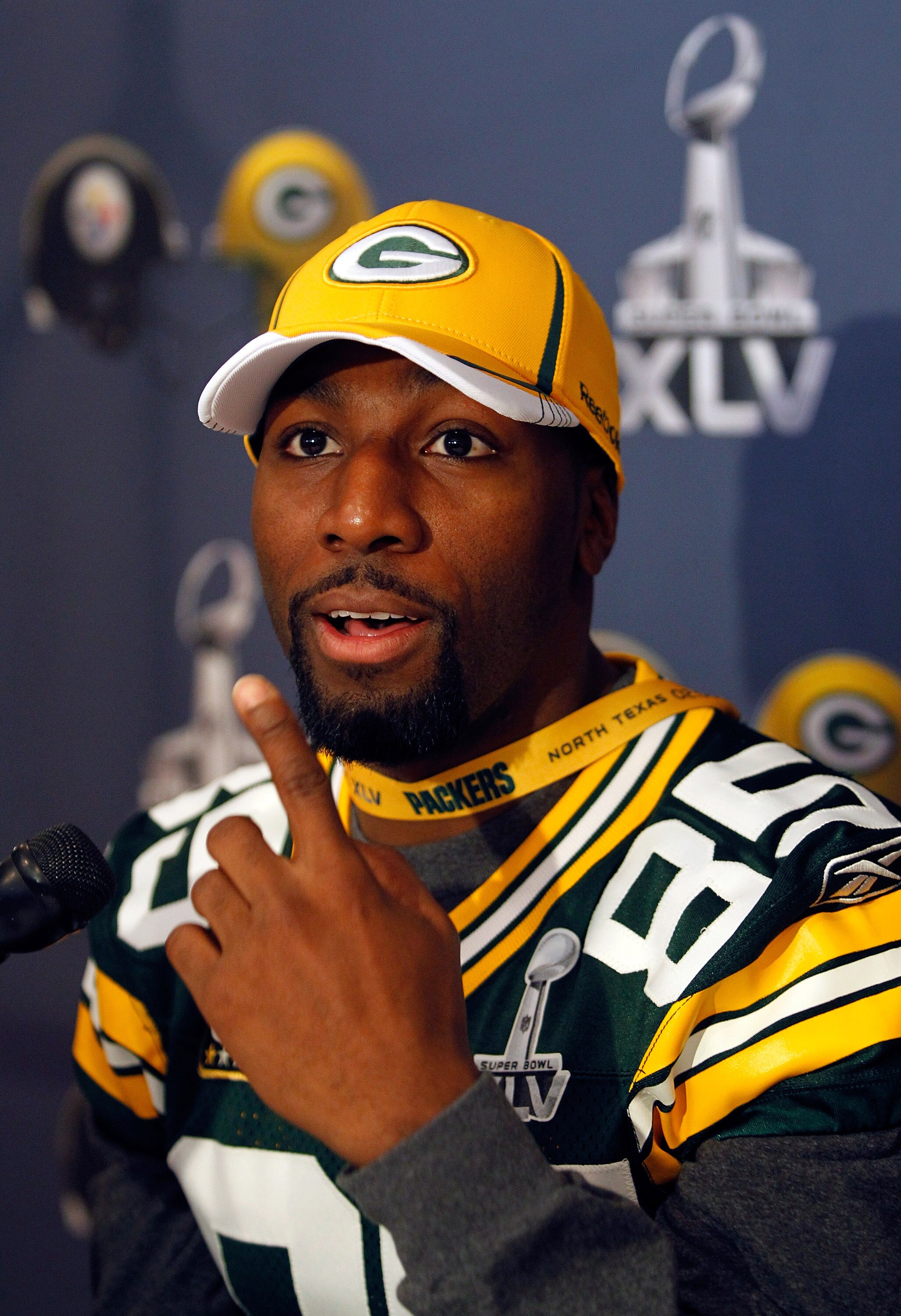IRVING, TX - FEBRUARY 02:  Wide receiver Greg Jennings #85 of the Green Bay Packers talks to the media on February 2, 2011 in Irving, Texas. The Green Bay Packers will play the Pittsburgh Steelers in Super Bowl XLV on February 6, 2011 at Cowboys Stadium i