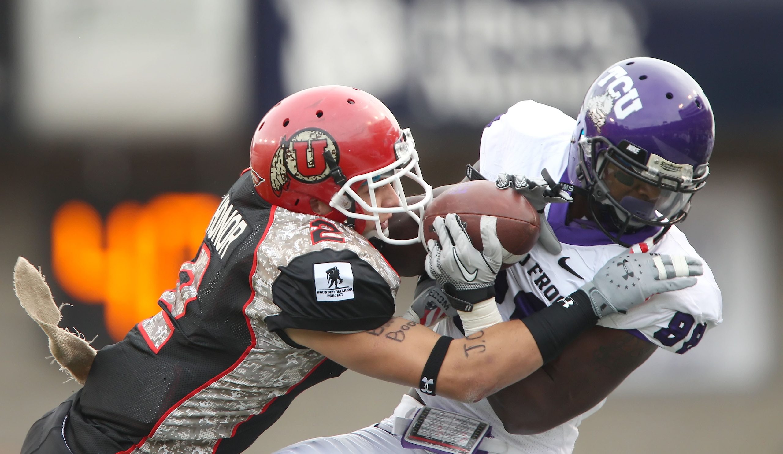 SALT LAKE CITY, UT - NOVEMBER 6: Brian Blechen #2 of the Utah Utes tackles Jimmy Young #88 of the TCU Horned Frogs during the second half of an NCAA Football game November 6, 2010 at Rice-Eccles Stadium in Salt Lake City, Utah. TCU Beat Utah 47-7.  (Photo