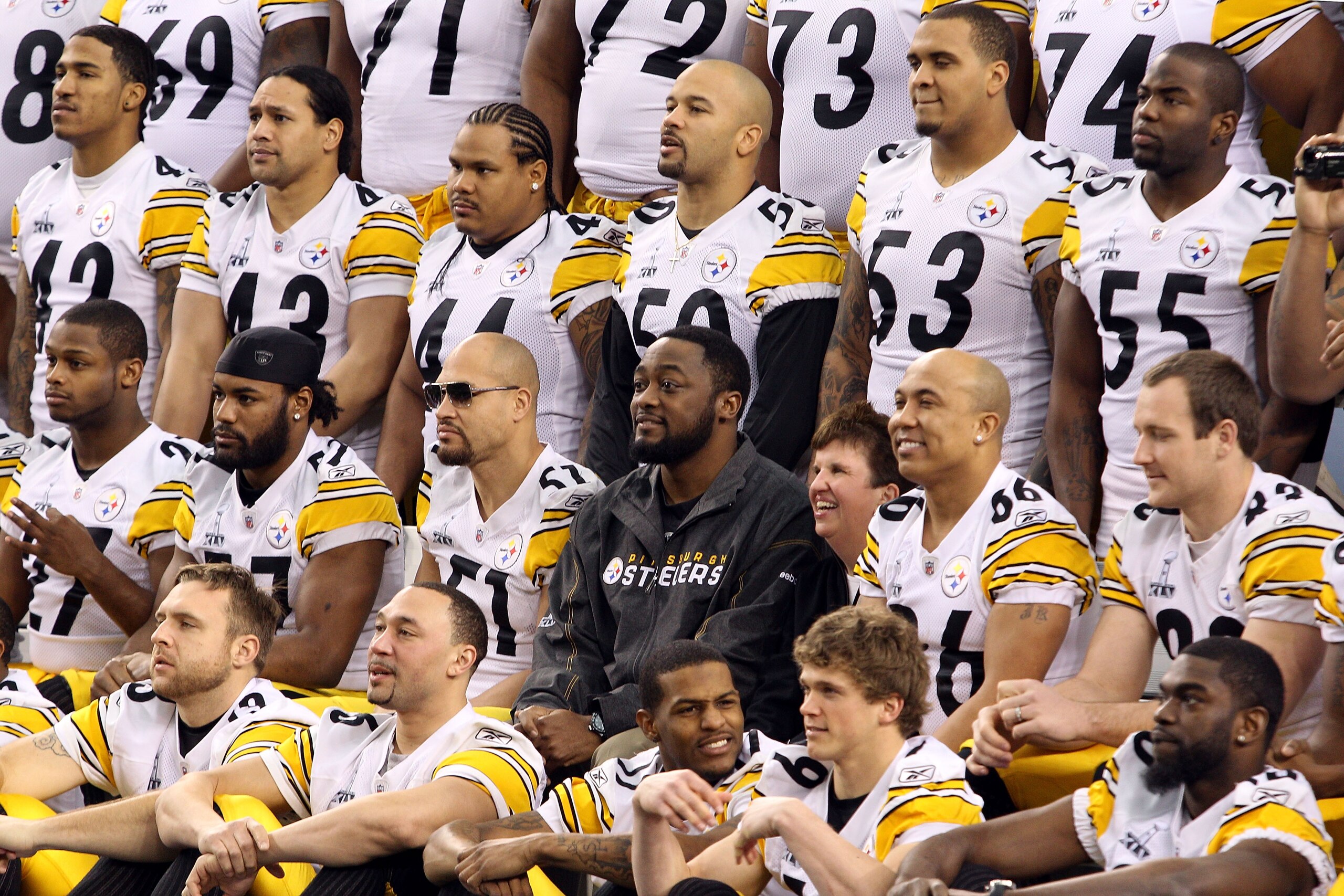 ARLINGTON, TX - FEBRUARY 01:  Members of the Pittsburgh Steelers pose for a team photo during Super Bowl XLV Media Day ahead of Super Bowl XLV at Cowboys Stadium on February 1, 2011 in Arlington, Texas. The Pittsburgh Steelers will play the Green Bay Pack