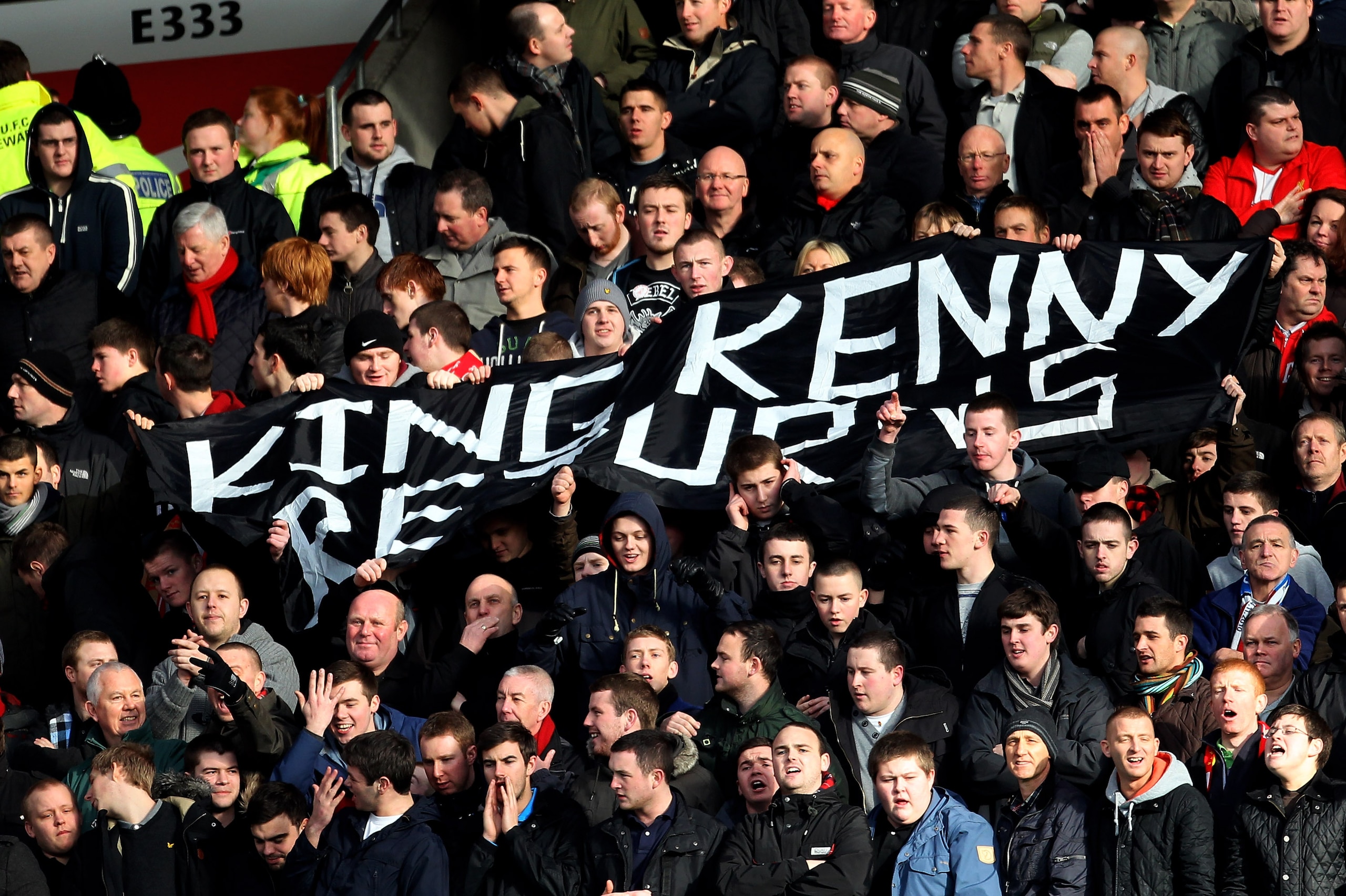 MANCHESTER, ENGLAND - JANUARY 09:  Liverpool fans display a banner heralding the return of Kenny Dalglish as Manager prior to the FA Cup sponsored by E.ON 3rd round match between Manchester United and Liverpool at Old Trafford on January 9, 2011 in Manche