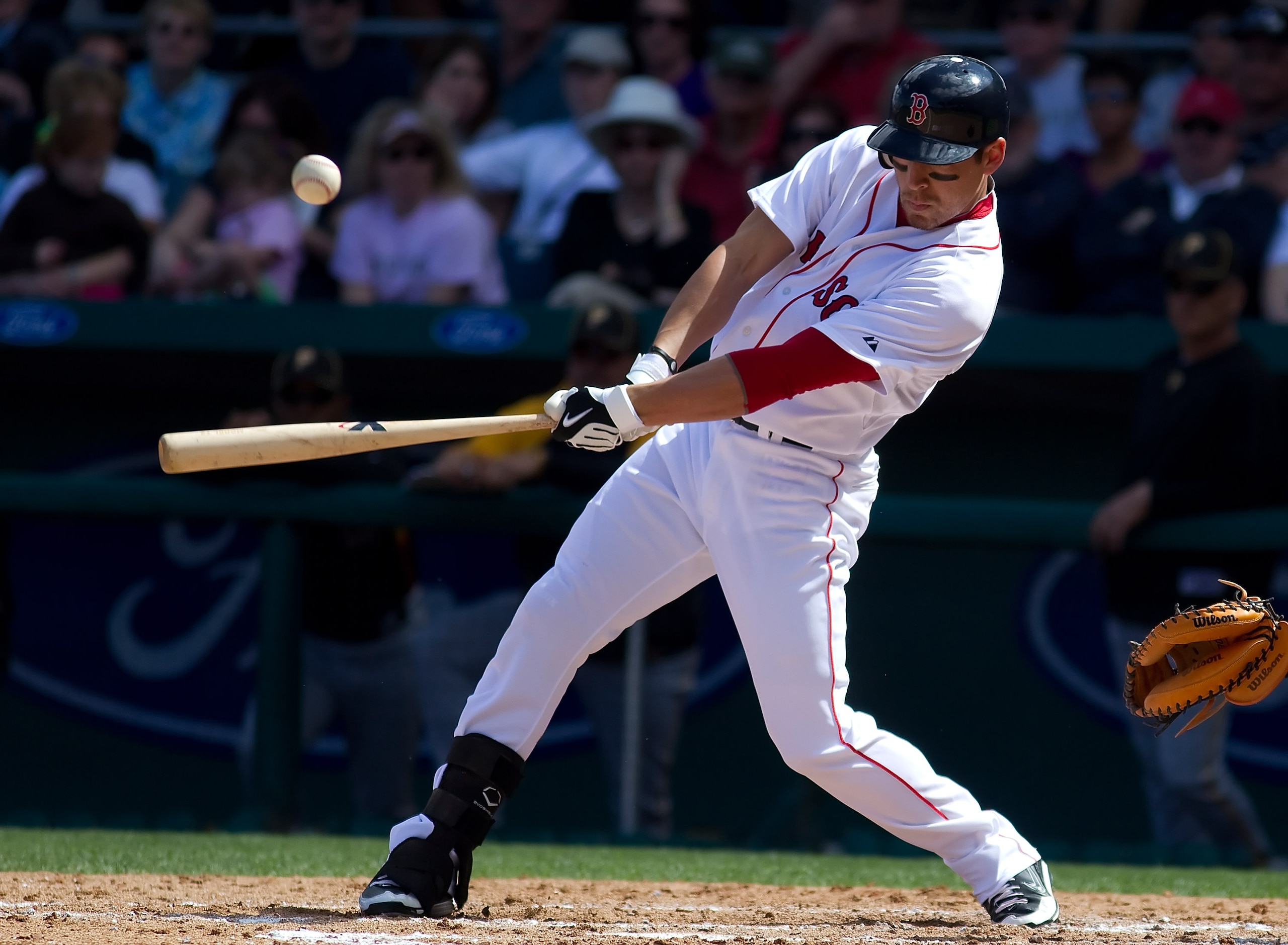 FORT MYERS, FL - MARCH 13:  Outfielder Jacoby Ellsbury #2 of the Boston Red Sox fouls off a pitch against the Pittsburgh Pirates during a Grapefruit League Spring Training Game at City of Palms Park on March 13, 2010 in Fort Myers, Florida.  (Photo by J.