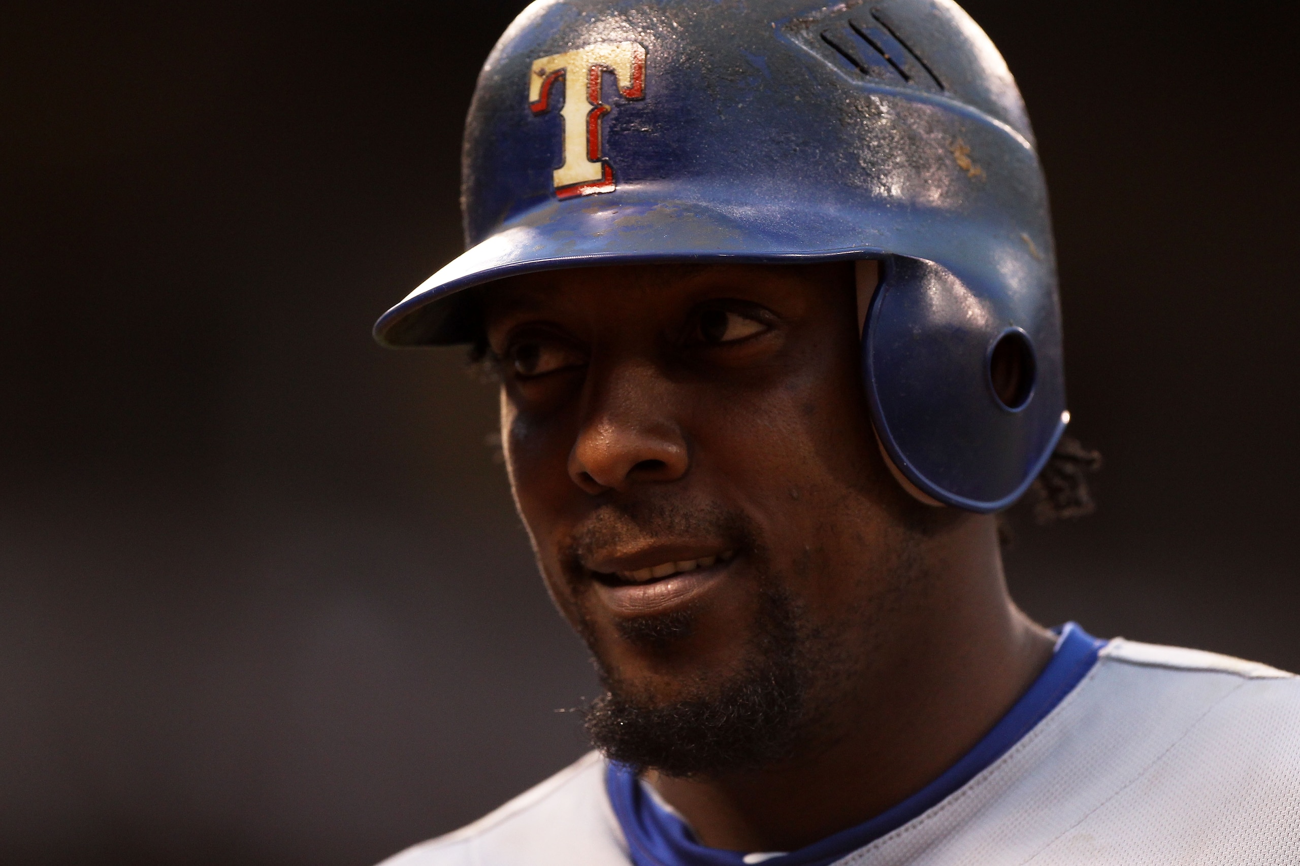 SAN FRANCISCO - OCTOBER 27:  Vladimir Guerrero #27 of the Texas Rangers looks on against the San Francisco Giants in Game One of the 2010 MLB World Series at AT&T Park on October 27, 2010 in San Francisco, California.  (Photo by Jed Jacobsohn/Getty Images