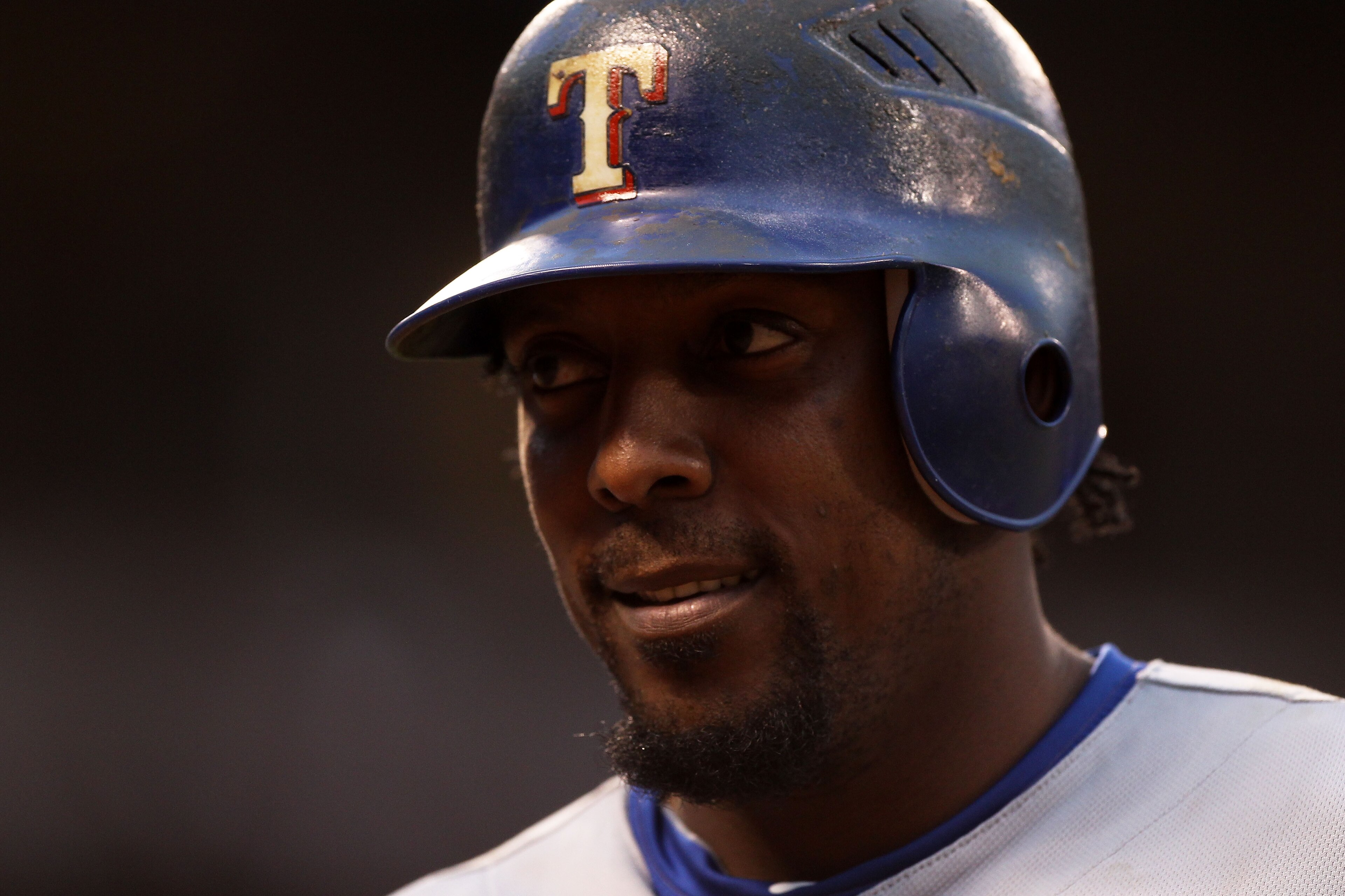 SAN FRANCISCO - OCTOBER 27:  Vladimir Guerrero #27 of the Texas Rangers looks on against the San Francisco Giants in Game One of the 2010 MLB World Series at AT&T Park on October 27, 2010 in San Francisco, California.  (Photo by Jed Jacobsohn/Getty Images