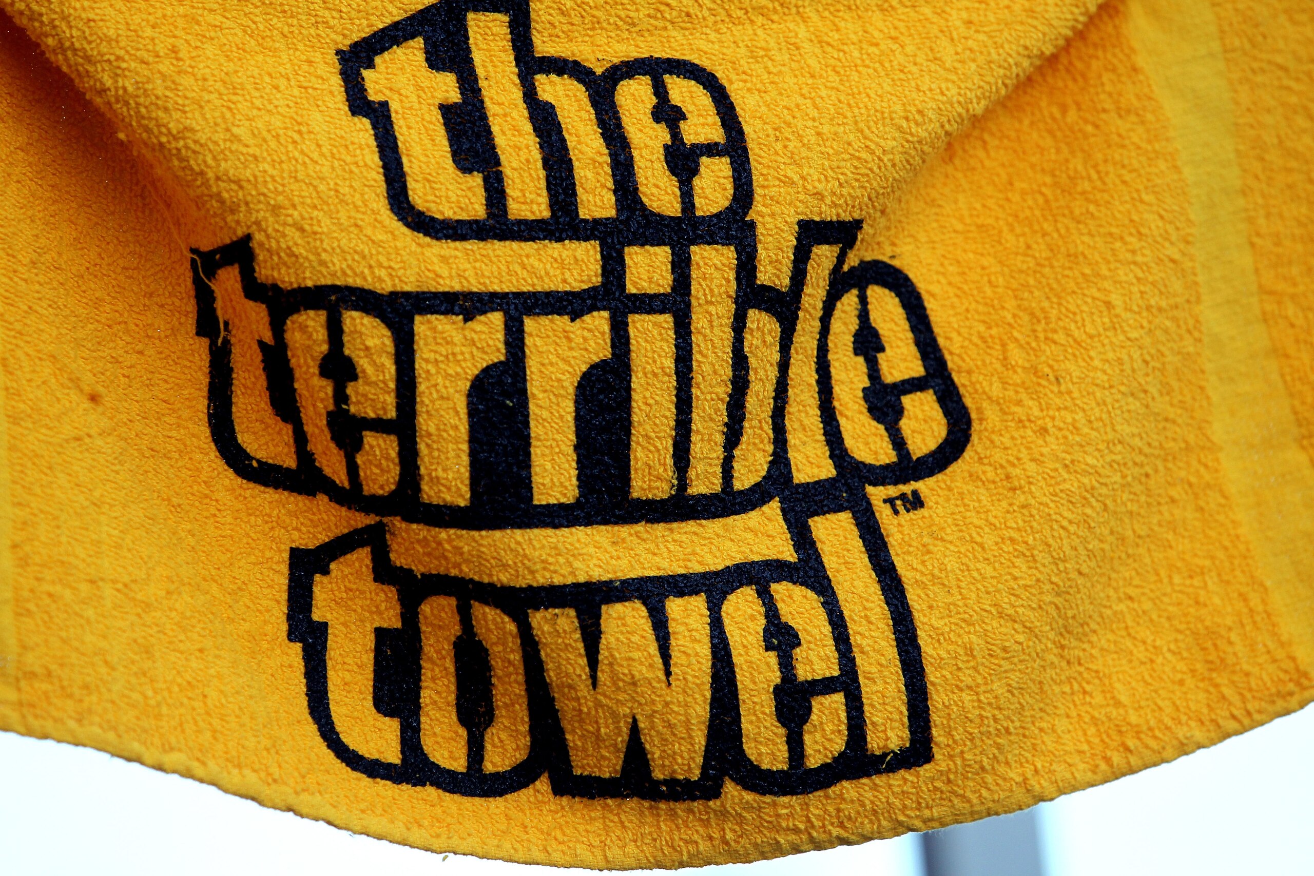 PITTSBURGH, PA - JANUARY 23:  A detail of a terrible towel is seen prior to the 2011 AFC Championship game between the New York Jets and the Pittsburgh Steelers at Heinz Field on January 23, 2011 in Pittsburgh, Pennsylvania.  (Photo by Ronald Martinez/Get