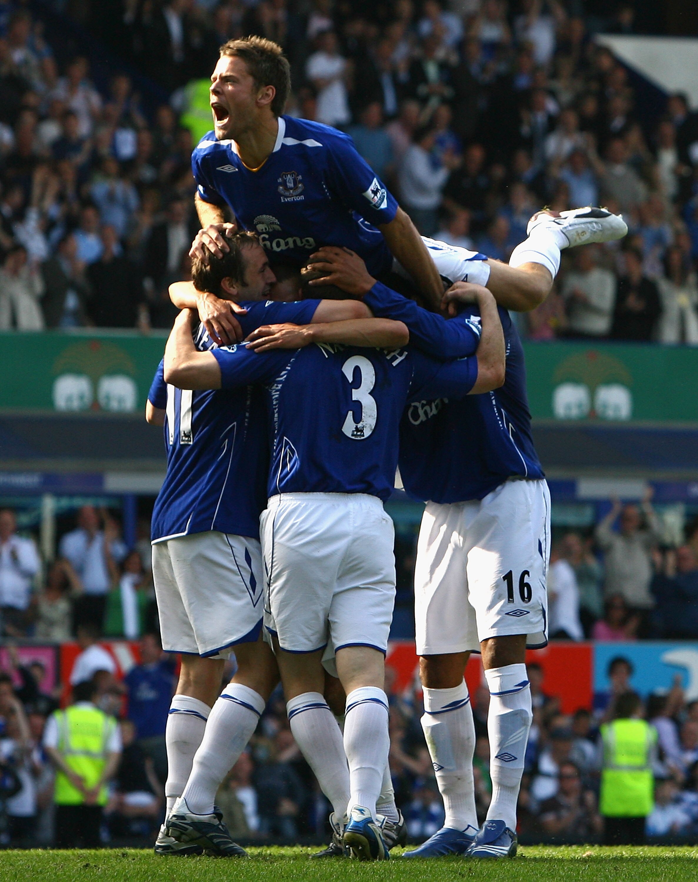 LIVERPOOL, UNITED KINGDOM - MAY 05:  James Beattie of Everton celebrates after teammate Gary Naysmith scored their third goal during the Barclays Premiership match between Everton and Portsmouth at Goodison Park on May 5, 2007 in Liverpool, United Kingdom