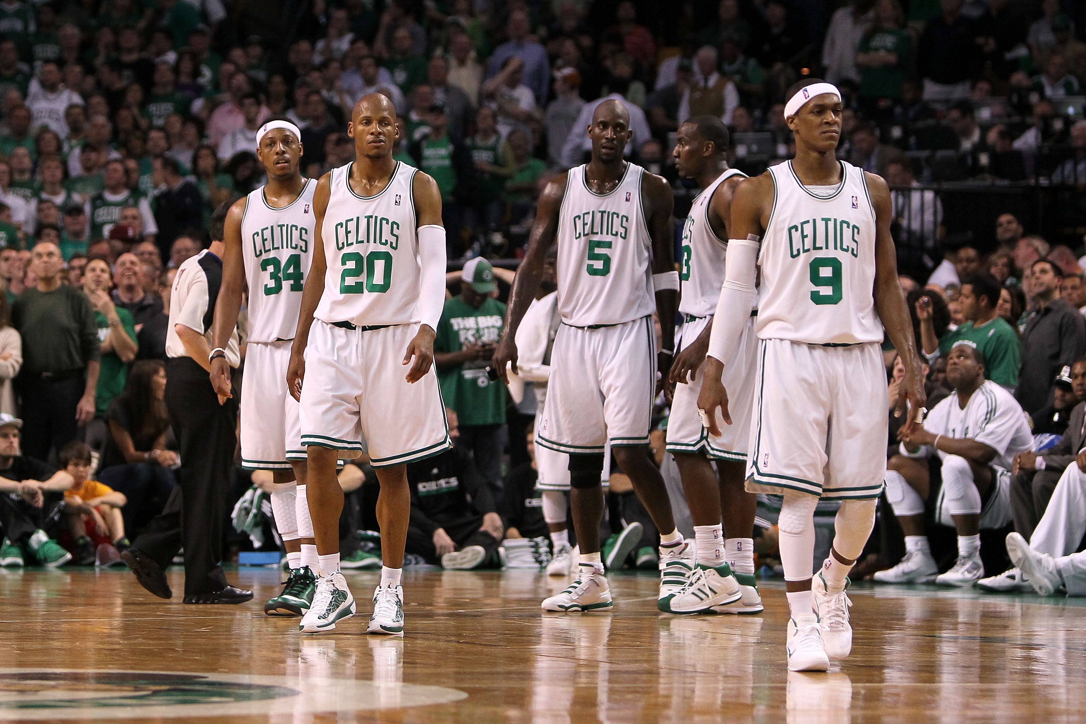 BOSTON - MAY 28:  (L-R) Paul Pierce #34, Ray Allen #20, Kevin Garnett #5 and Rajon Rondo #9 of the Boston Celtics look on against the Orlando Magic in Game Six of the Eastern Conference Finals during the 2010 NBA Playoffs at TD Garden on May 28, 2010 in B