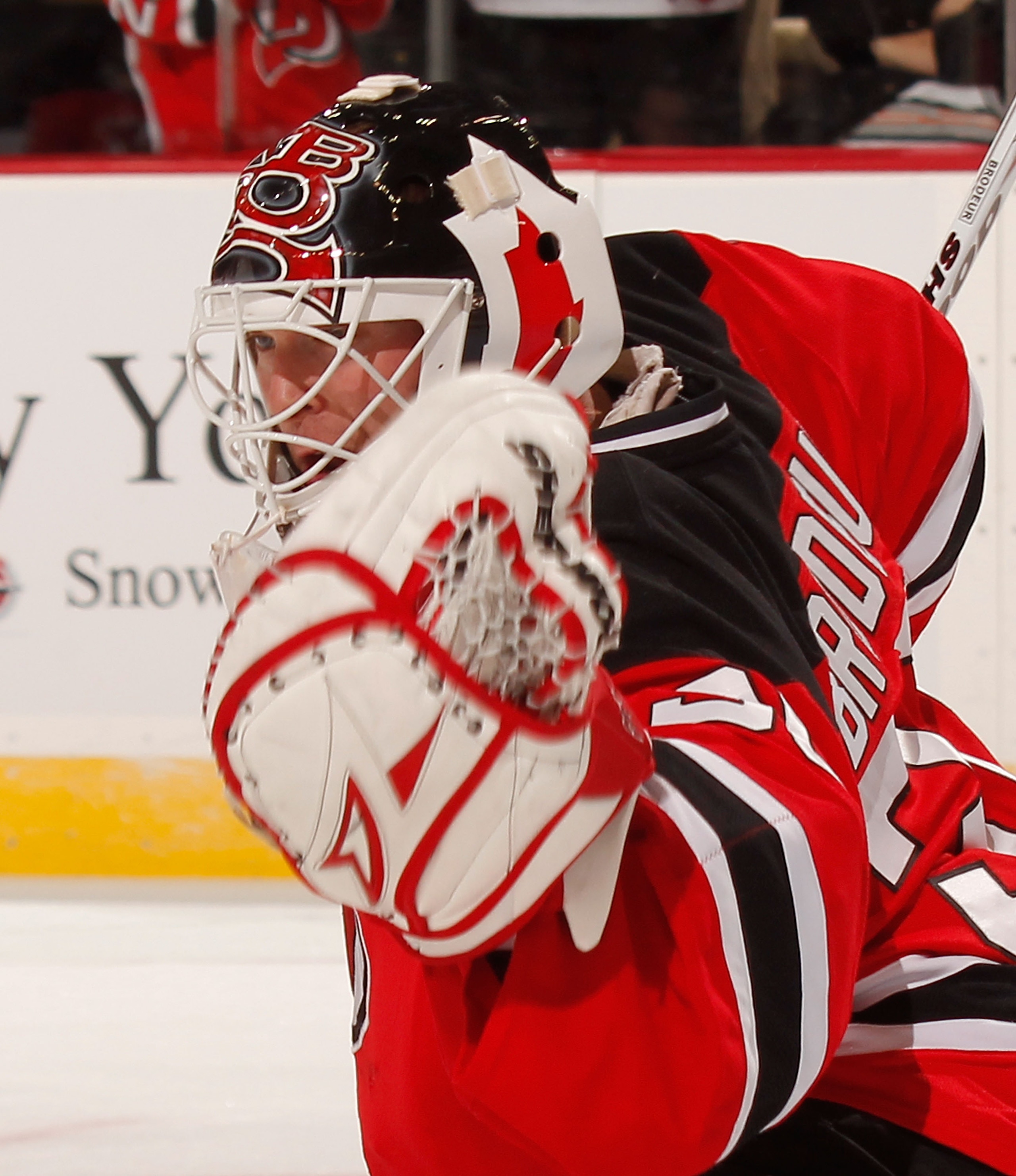 NEWARK, NJ - JANUARY 20:  Goalie Martin Brodeur #30 of the New Jersey Devils catches the puck during warmups before his shutout win in an NHL hockey game against the Pittsburgh Penguins at the Prudential Center on January 20, 2011 in Newark, New Jersey.