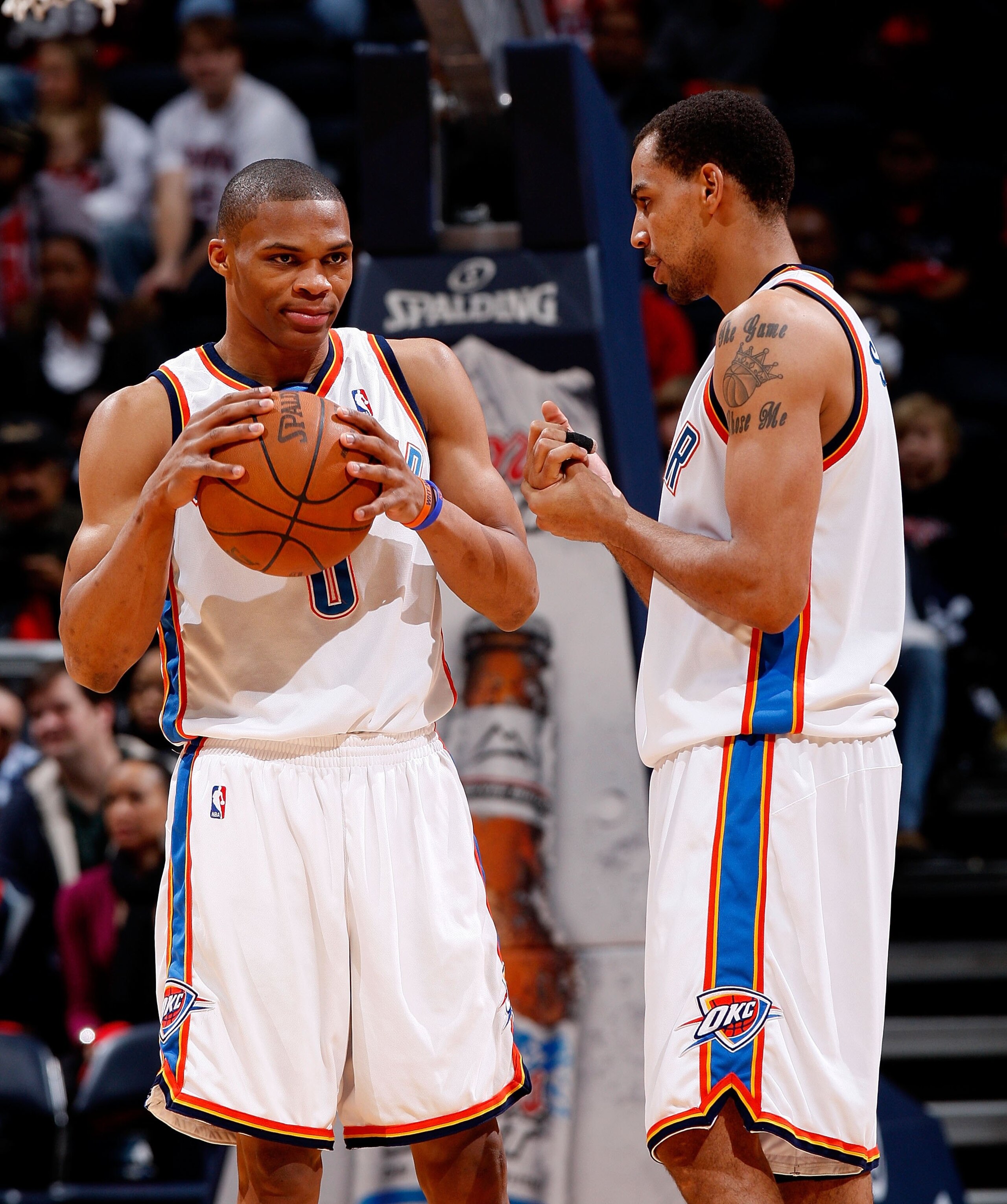 ATLANTA - JANUARY 18:  Russell Westbrook #0 and Thabo Sefolosha #2 of the Oklahoma City Thunder against the Atlanta Hawks at Philips Arena on January 18, 2010 in Atlanta, Georgia.  NOTE TO USER: User expressly acknowledges and agrees that, by downloading