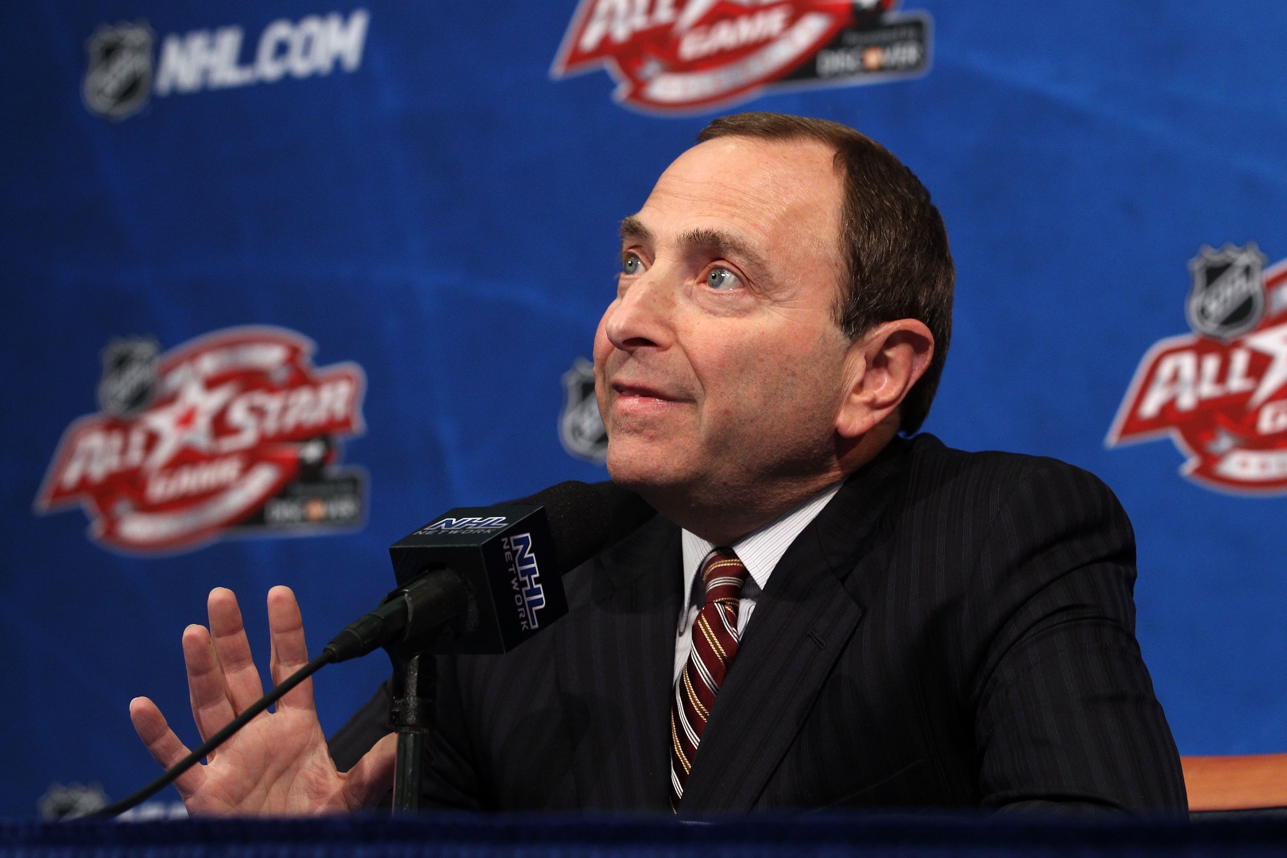 RALEIGH, NC - JANUARY 29:  NHL Commissioner Gary Bettman speaks at a press conference during the 2011 NHL All-Star Weekend at the RBC Center on January 29, 2011 in Raleigh, North Carolina.  (Photo by Bruce Bennett/Getty Images)