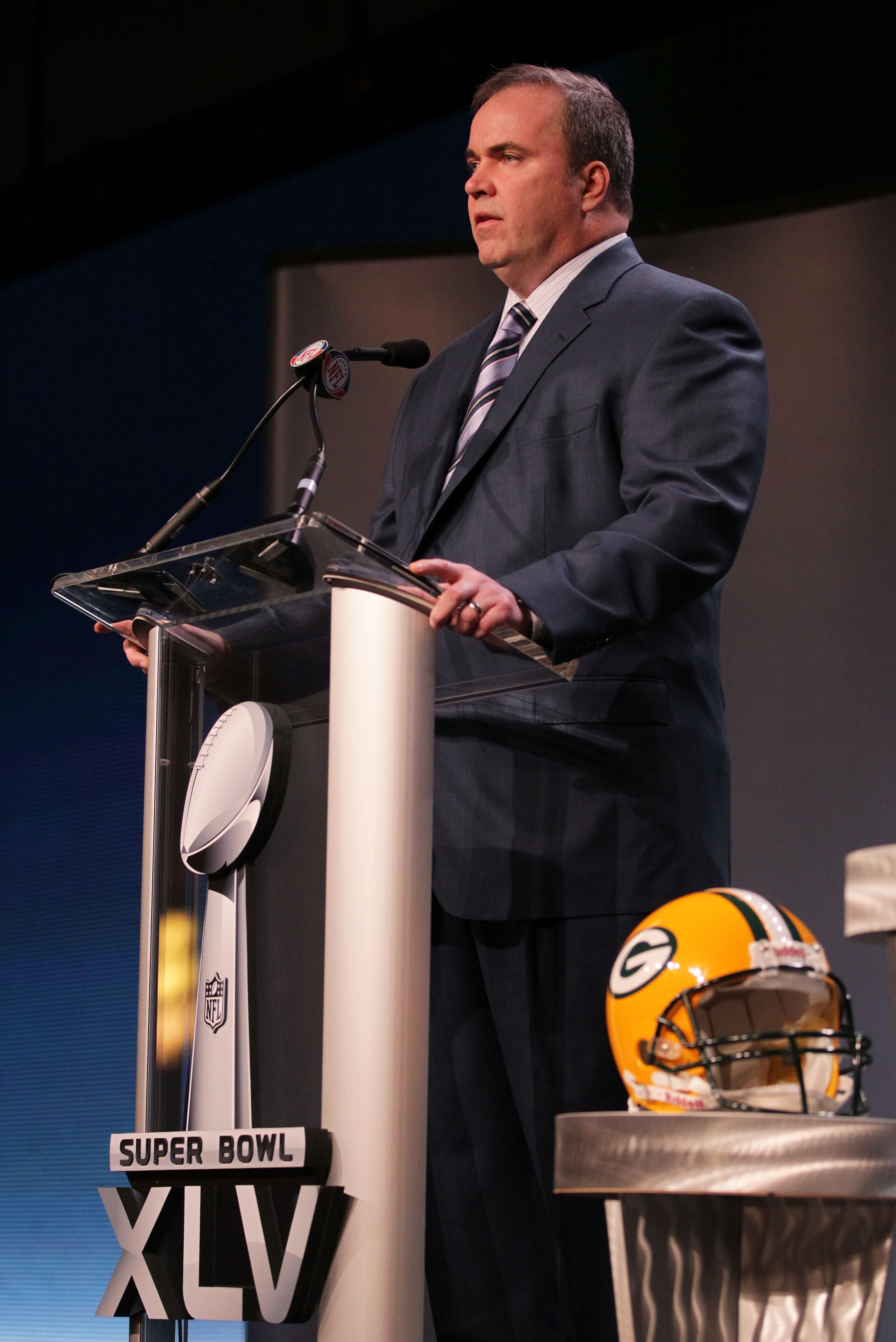 DALLAS, TX - FEBRUARY 04:  Head coach Mike McCarthy of the Green Bay Packers speaks during a press conference at the Super Bowl XLV media center on February 4, 2011 in Dallas, Texas. The Green Bay Packers will play the Pittsburgh Steelers in Super Bowl XL