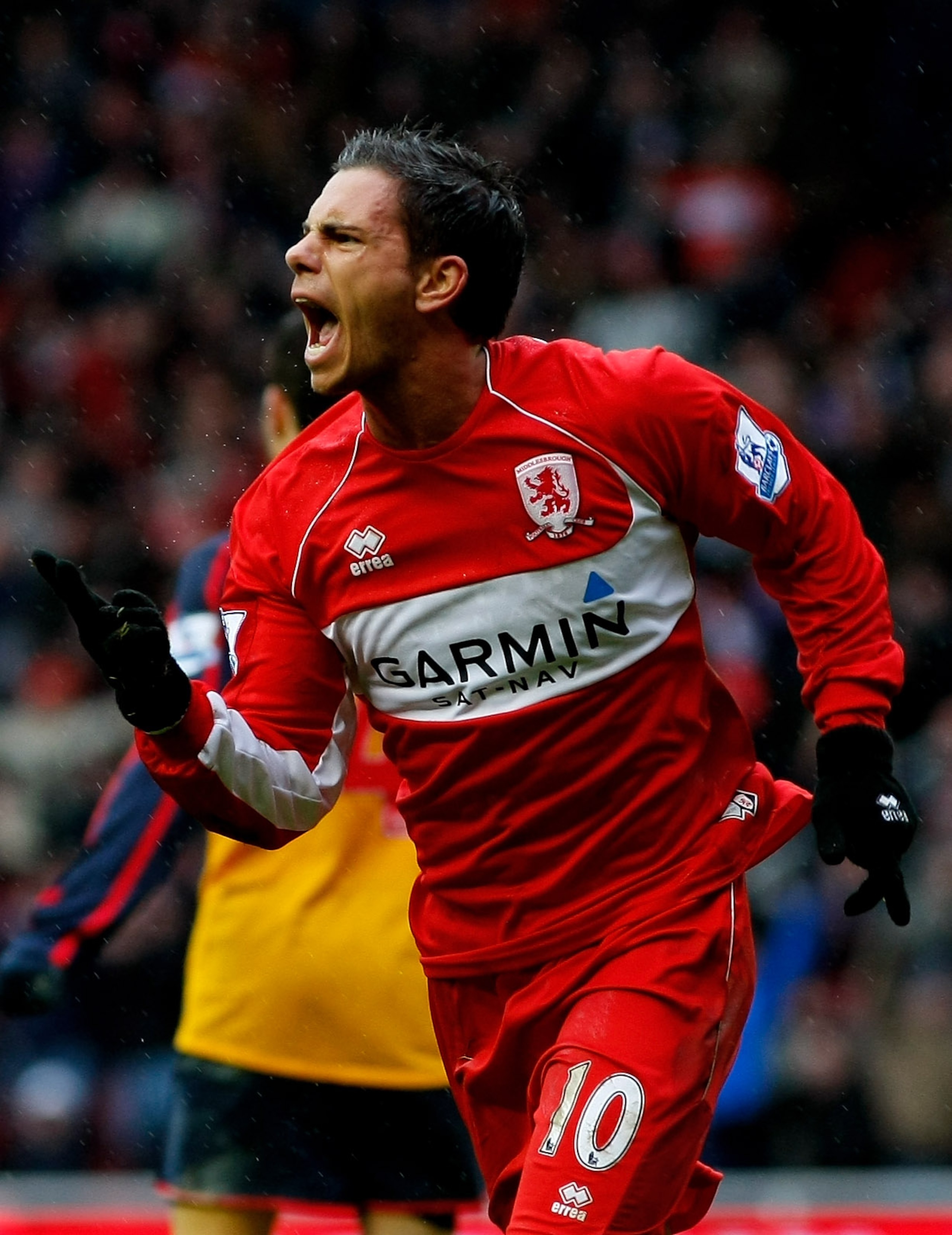 MIDDLESBROUGH, UNITED KINGDOM - DECEMBER 13:  Middlesbrough striker Jeremie Aliadiere celebrates after scoring the first Middlesbrough goal during the Premier League match between Middlesbrough and Arsenal at The Riverside Stadium on December 13, 2008 in