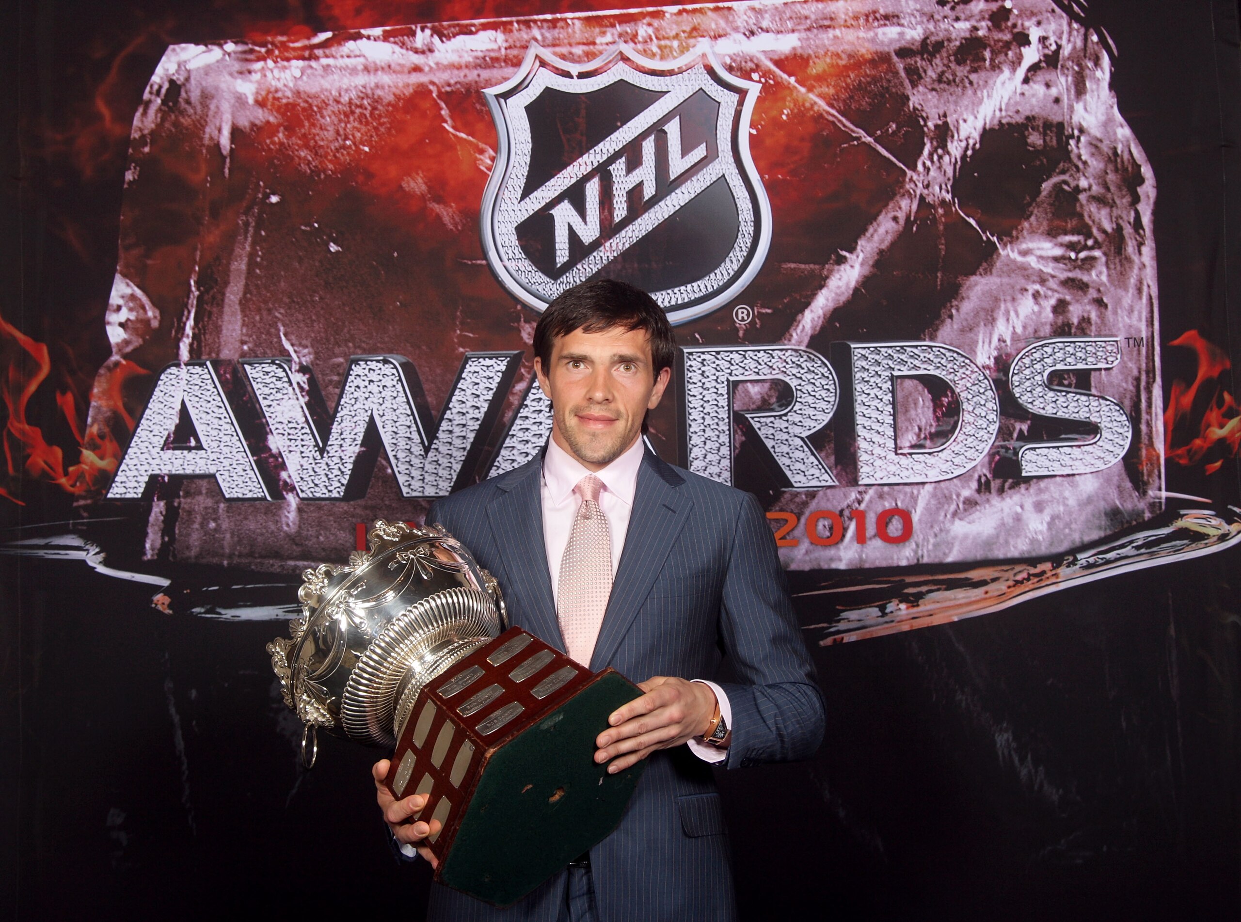 LAS VEGAS - JUNE 23:  Pavel Datsyuk of the Detroit Red Wings poses for a portrait with the Frank Selke Trophy during the 2010 NHL Awards at the Palms Casino Resort on June 23, 2010 in Las Vegas, Nevada.  (Photo by Bruce Bennett/Getty Images)
