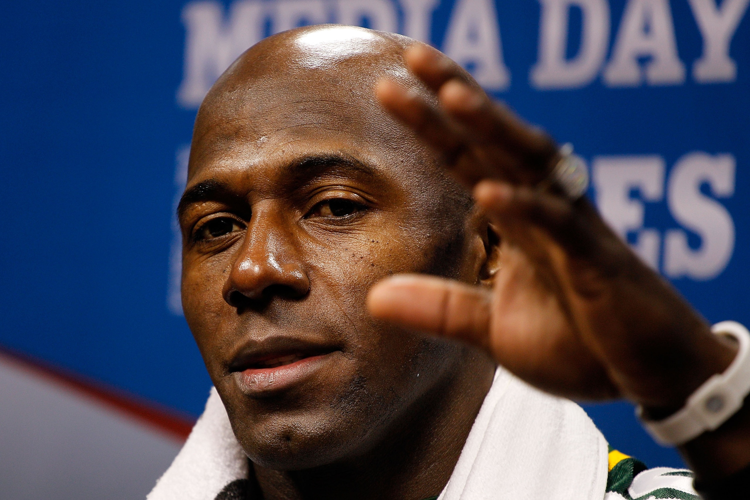 ARLINGTON, TX - FEBRUARY 01:  Donald Driver #80 of the Green Bay Packers addresses the media during Super Bowl XLV Media Day ahead of Super Bowl XLV at Cowboys Stadium on February 1, 2011 in Arlington, Texas. The Pittsburgh Steelers will play the Green Ba