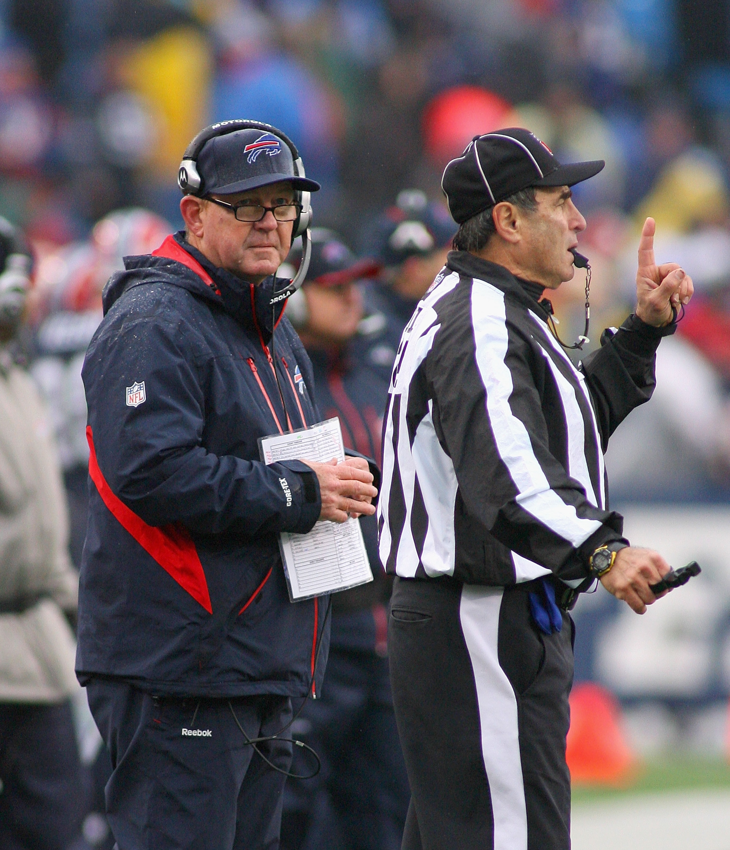 ORCHARD PARK, NY - DECEMBER 12: Chan Gailey, head coach of the Buffalo Bills readies to to call a timeout against the Cleveland Browns at Ralph Wilson Stadium on December 12, 2010 in Orchard Park, New York.  (Photo by Rick Stewart/Getty Images)