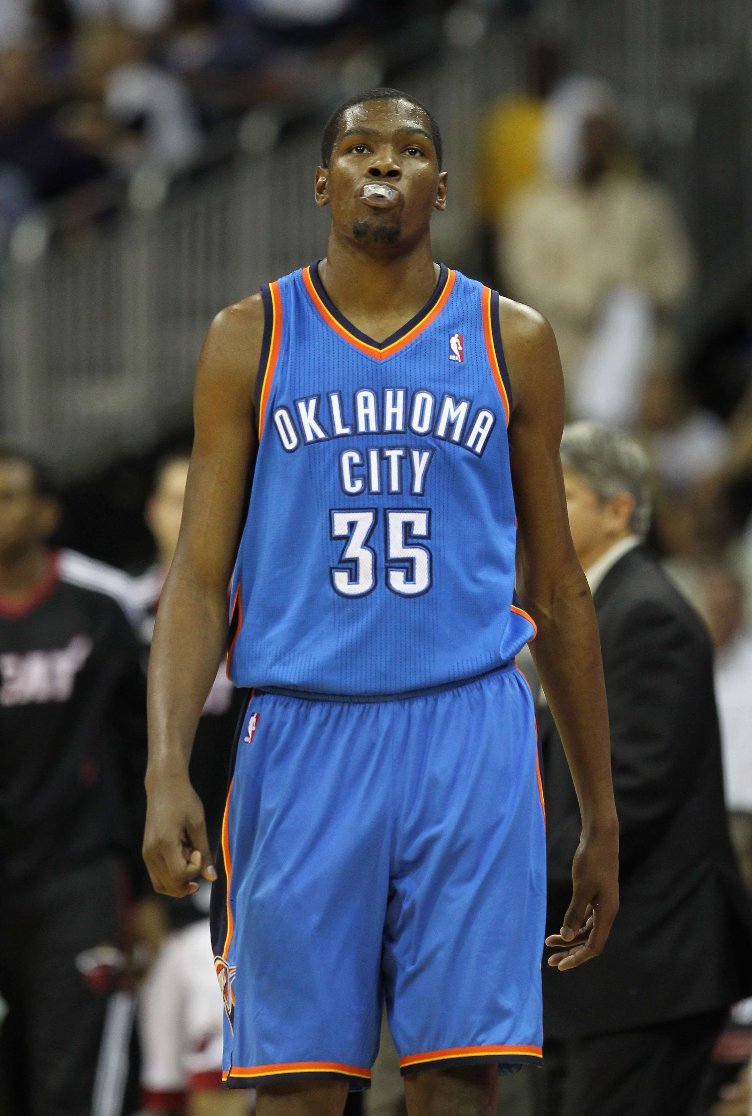 KANSAS CITY, MO - OCTOBER 08: Kevin Durant #35 of the Oklahoma City Thunder walks back to the bench during the game against the Miami Heat on October 8, 2010 at the Sprint Center in Kansas City, Missouri. (Photo by Jamie Squire/Getty Images) KANSAS CITY, MO - OCTOBER 08: Kevin Durant #35 of the Oklahoma City Thunder walks back to the bench during the game against the Miami Heat on October 8, 2010 at the Sprint Center in Kansas City, Missouri. (Photo by Jamie Squire/Getty Images)