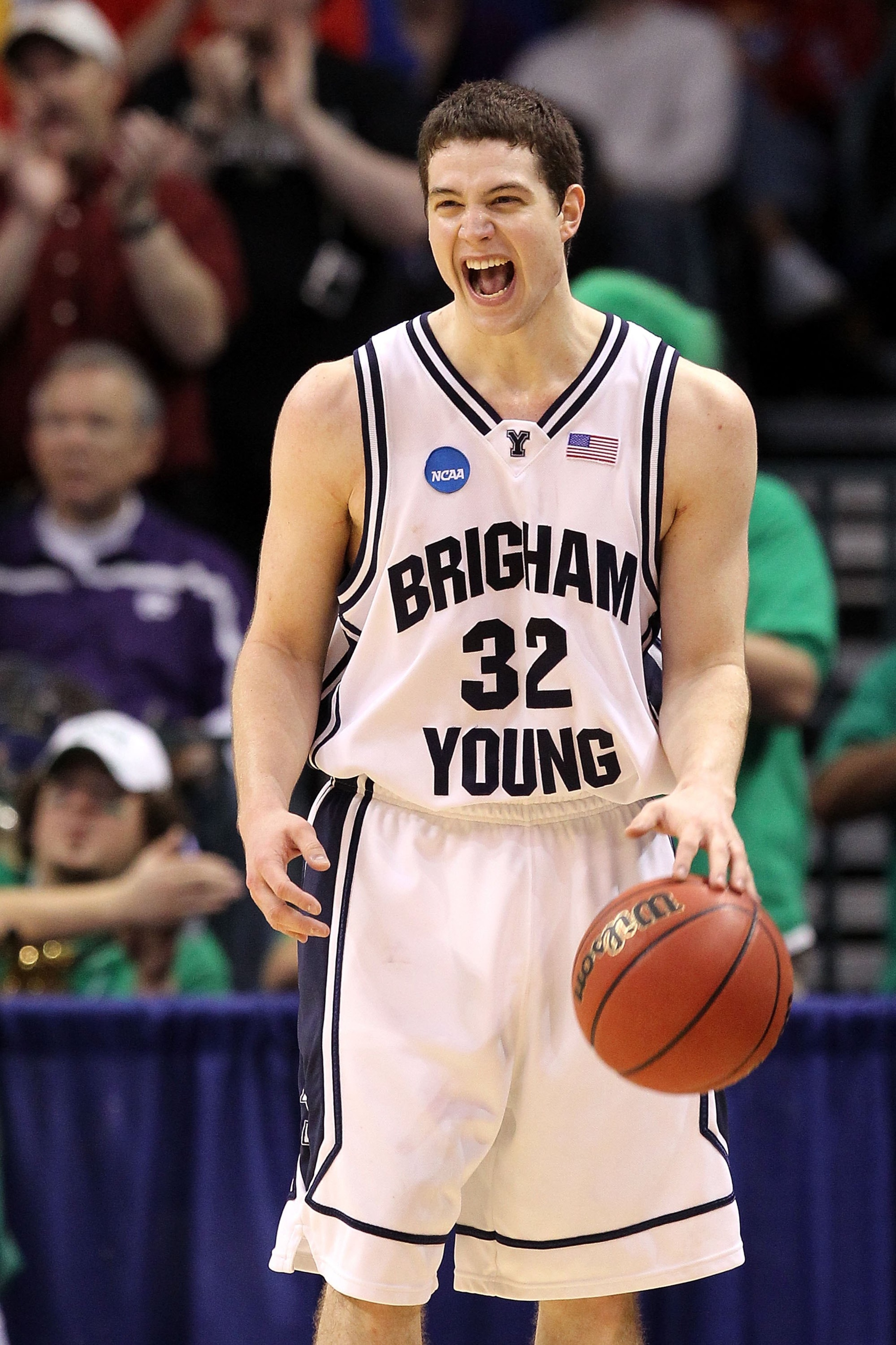 OKLAHOMA CITY - MARCH 18:  Jimmer Fredette #32 of the BYU Cougars celebrates after BYU won in 99-92 double in overtime against the Florida Gators during the first round of the 2010 NCAA menï¿½s basketball tournament at Ford Center on March 18, 2010 in Oklah
