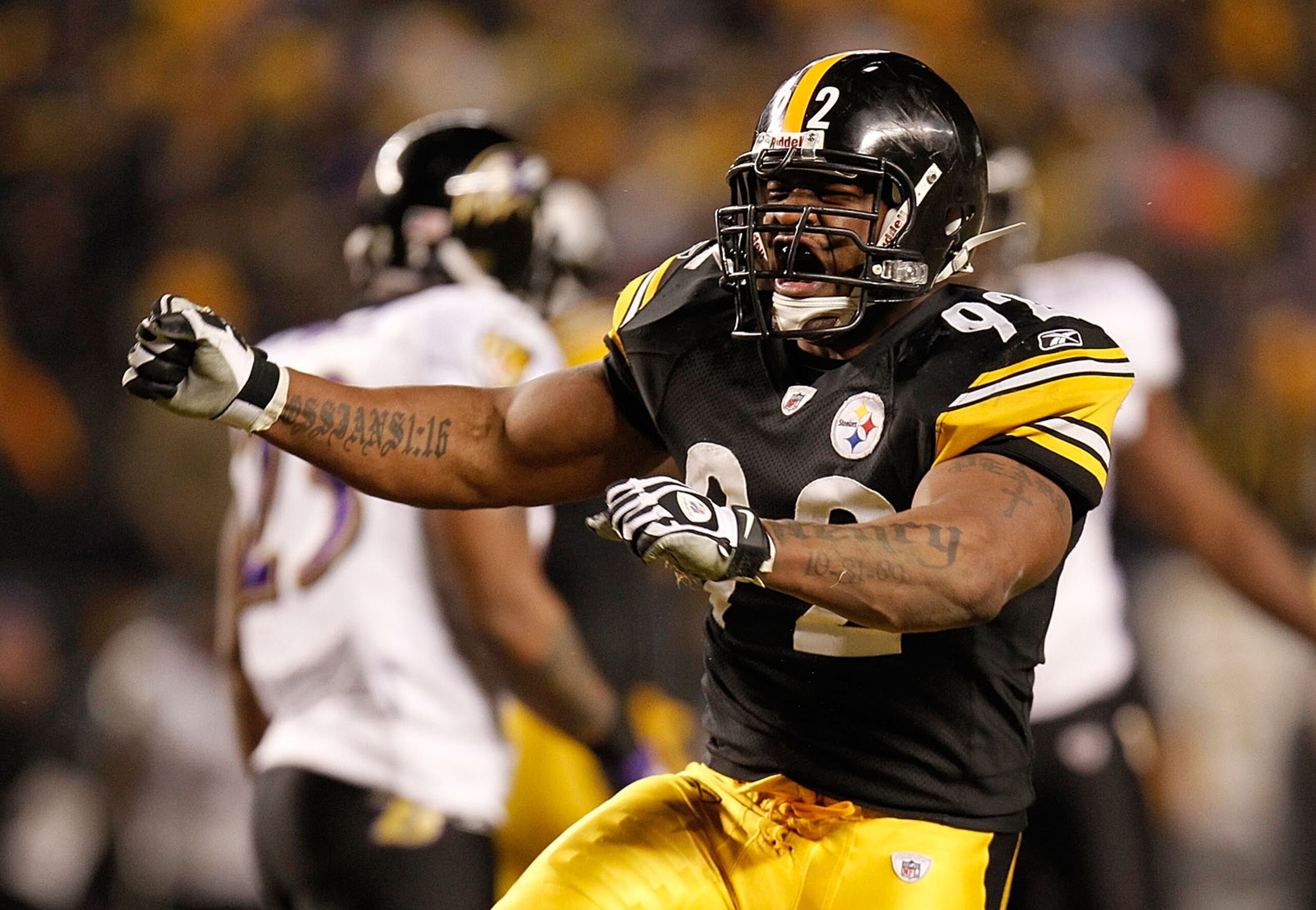 PITTSBURGH, PA - JANUARY 15:  Linebacker James Harrison #92 of the Pittsburgh Steelers celebrates after a play against the Baltimore Ravens during the AFC Divisional Playoff Game at Heinz Field on January 15, 2011 in Pittsburgh, Pennsylvania.  (Photo by G