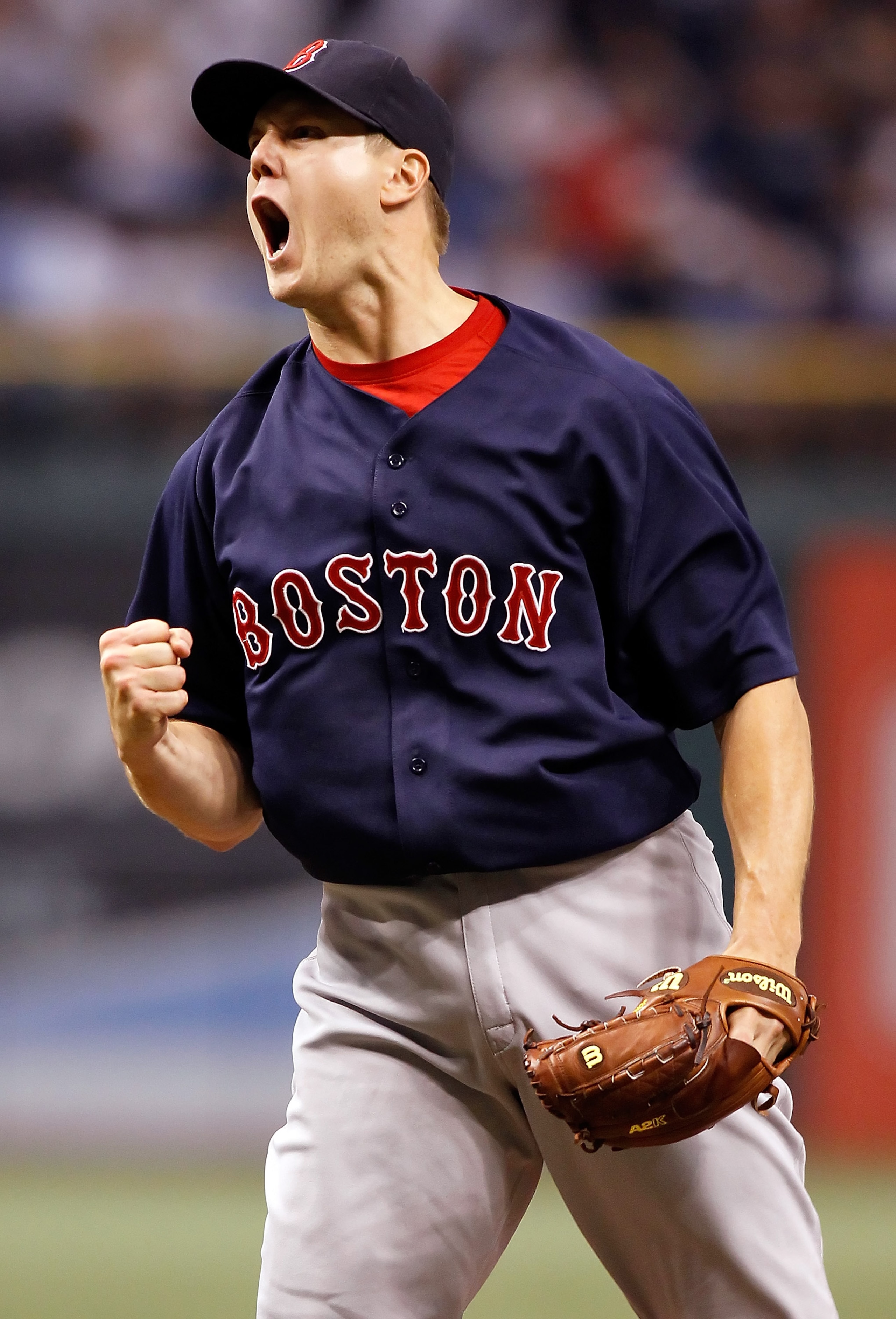 ST. PETERSBURG - AUGUST 27:  Relief pitcher Jonathan Papelbon #58 of the Boston Red Sox celebrates his save over the Tampa Bay Rays at Tropicana Field on August 27, 2010 in St. Petersburg, Florida.  (Photo by J. Meric/Getty Images)