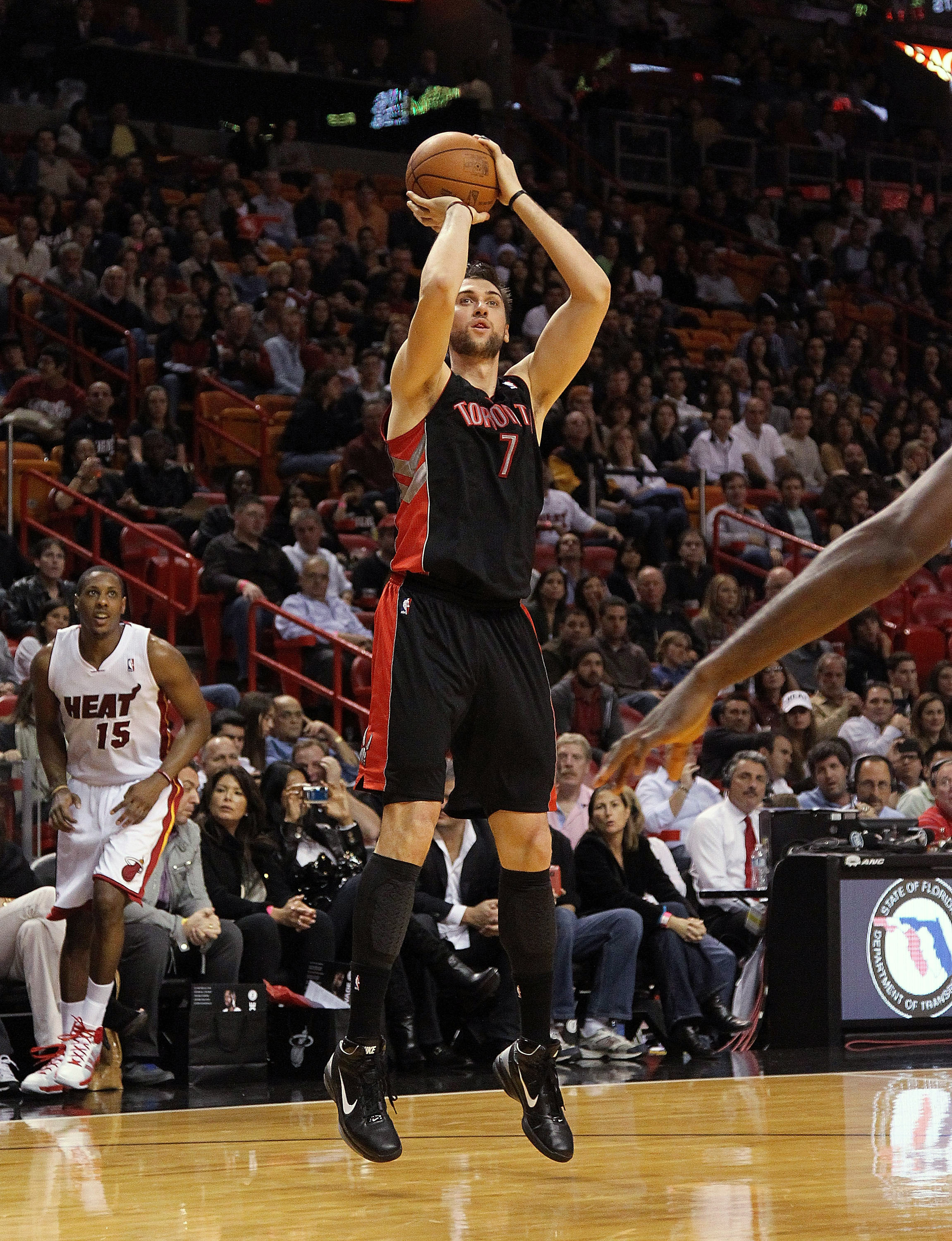 MIAMI, FL - JANUARY 22: Andrea Bargnani #7 of the Toronto Raptors shoots a jump shot during a game against the Miami Heat at American Airlines Arena on January 22, 2011 in Miami, Florida. NOTE TO USER: User expressly acknowledges and agrees that, by downl