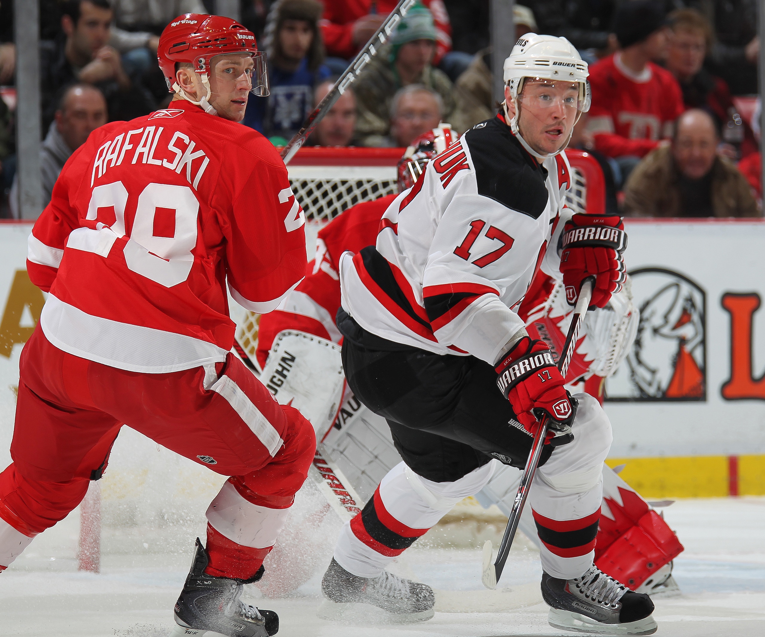 DETROIT, MI - JANUARY 26:  Ilya Kovalchuk #17 of the New Jersey Devils is held in check by Brian Rafalski #28 of the Detroit Red Wings in a game on January 26, 2011 at the Joe Louis Arena in Detroit, Michigan. (Photo by Claus Andersen/Getty Images)