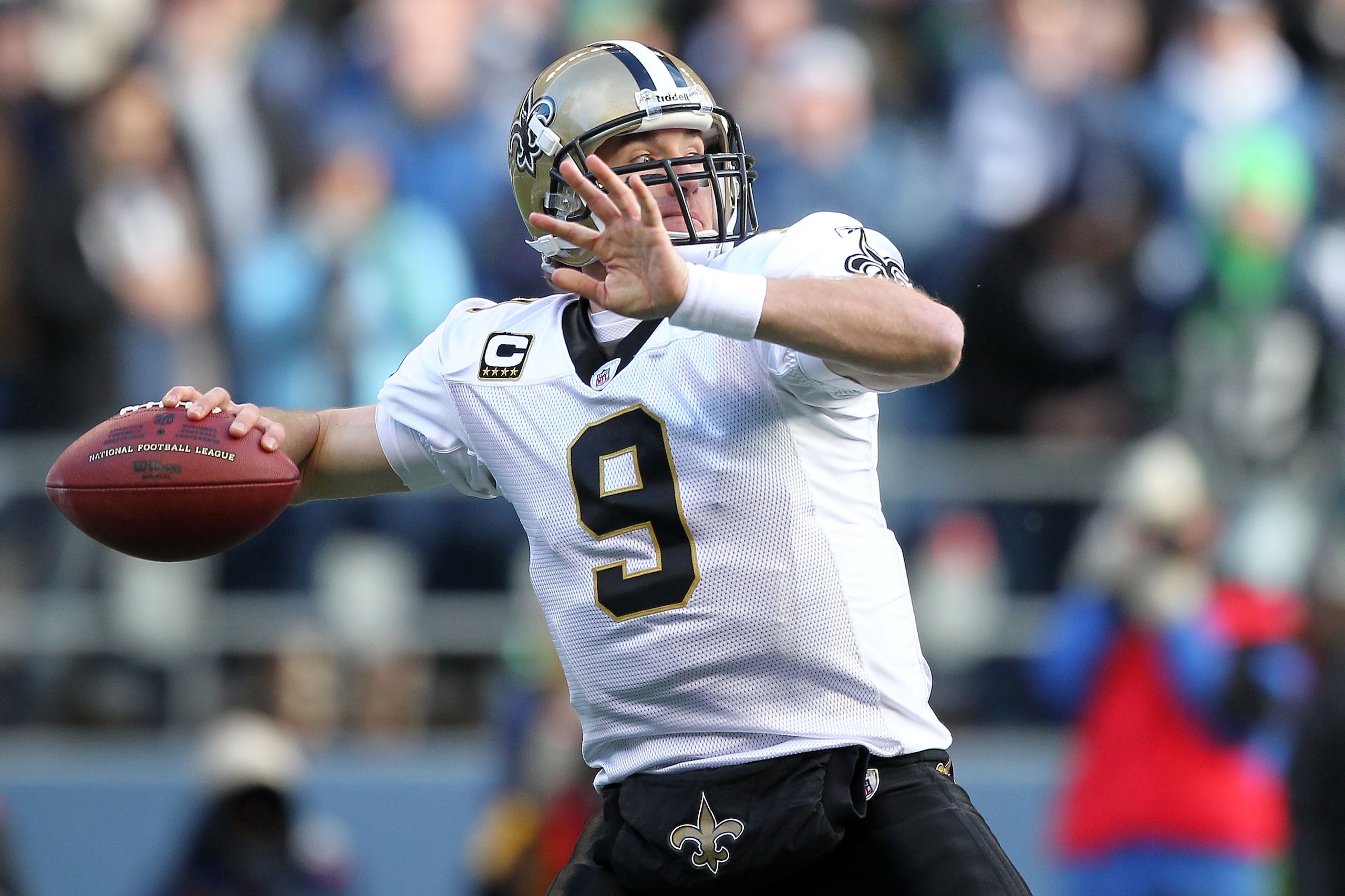 SEATTLE, WA - JANUARY 08: Quarterback Drew Brees #9 of the New Orleans Saints throws the ball against the Seattle Seahawks during the 2011 NFC wild-card playoff game at Qwest Field on January 8, 2011 in Seattle, Washington. (Photo by Otto Greule Jr/Gett SEATTLE, WA - JANUARY 08: Quarterback Drew Brees #9 of the New Orleans Saints throws the ball against the Seattle Seahawks during the 2011 NFC wild-card playoff game at Qwest Field on January 8, 2011 in Seattle, Washington. (Photo by Otto Greule Jr/Gett